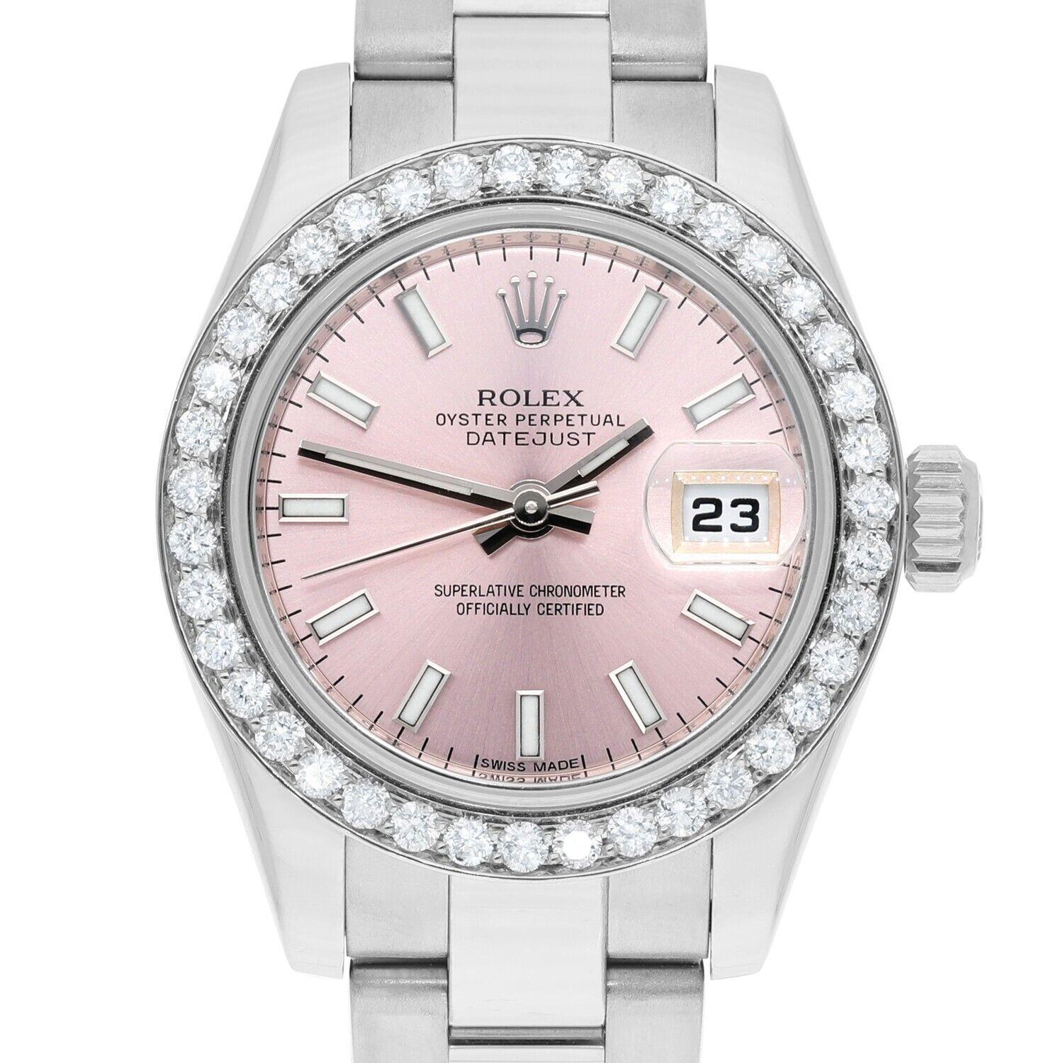 Brand: Rolex
Series: Datejust
Model: 179160
Case Diameter: 26 mm
Bracelet: Oyster band; stainless steel
Bezel: Custom diamond set
Dial: Pink Index
Carat Weight: 1.20 carats in total diamond weight
The sale includes a jewelry watch box and an
