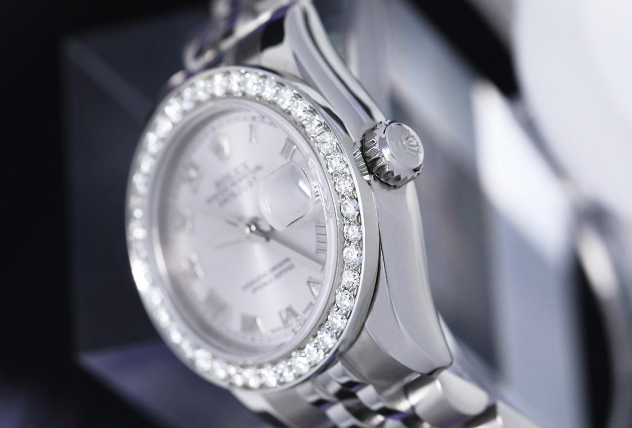 Round Cut Rolex Lady-Datejust 179174 Steel Silver Roman Dial Diamond Bezel Watch For Sale
