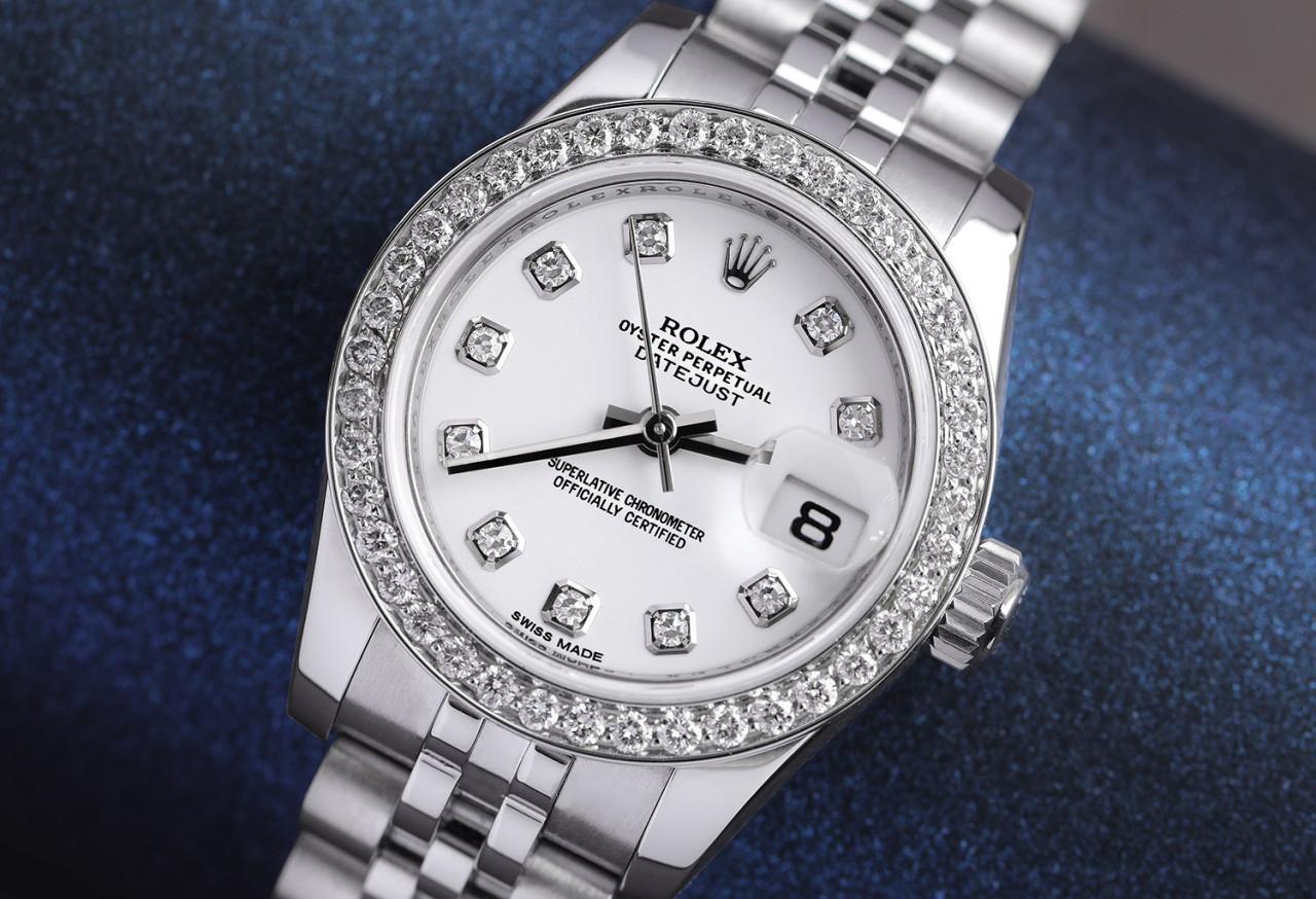 Rolex Lady-Datejust Montre d'usine en acier avec cadran en diamant blanc 179174  Excellent état - En vente à New York, NY