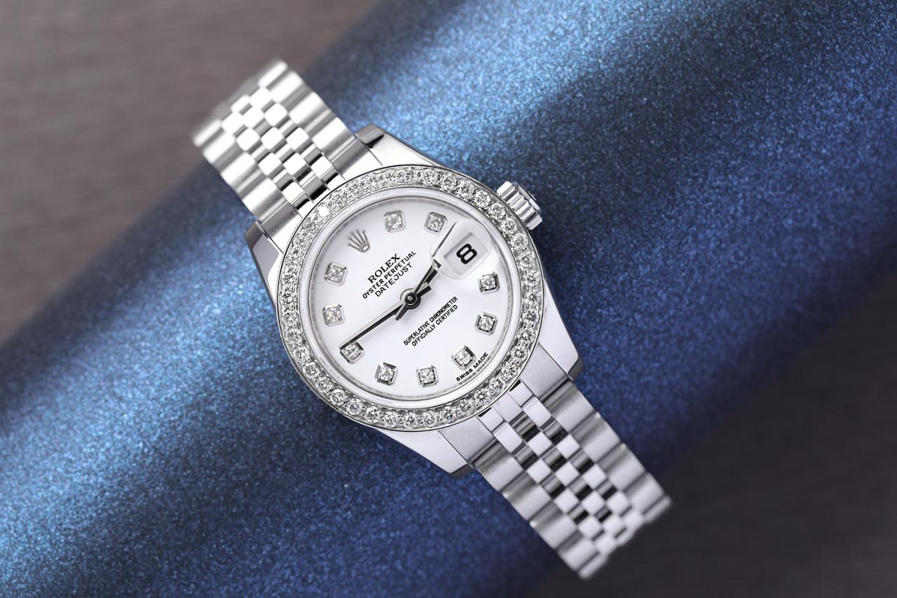 Rolex Lady-Datejust Steel Watch Factory White Diamond Dial Watch 179174  In Excellent Condition For Sale In New York, NY