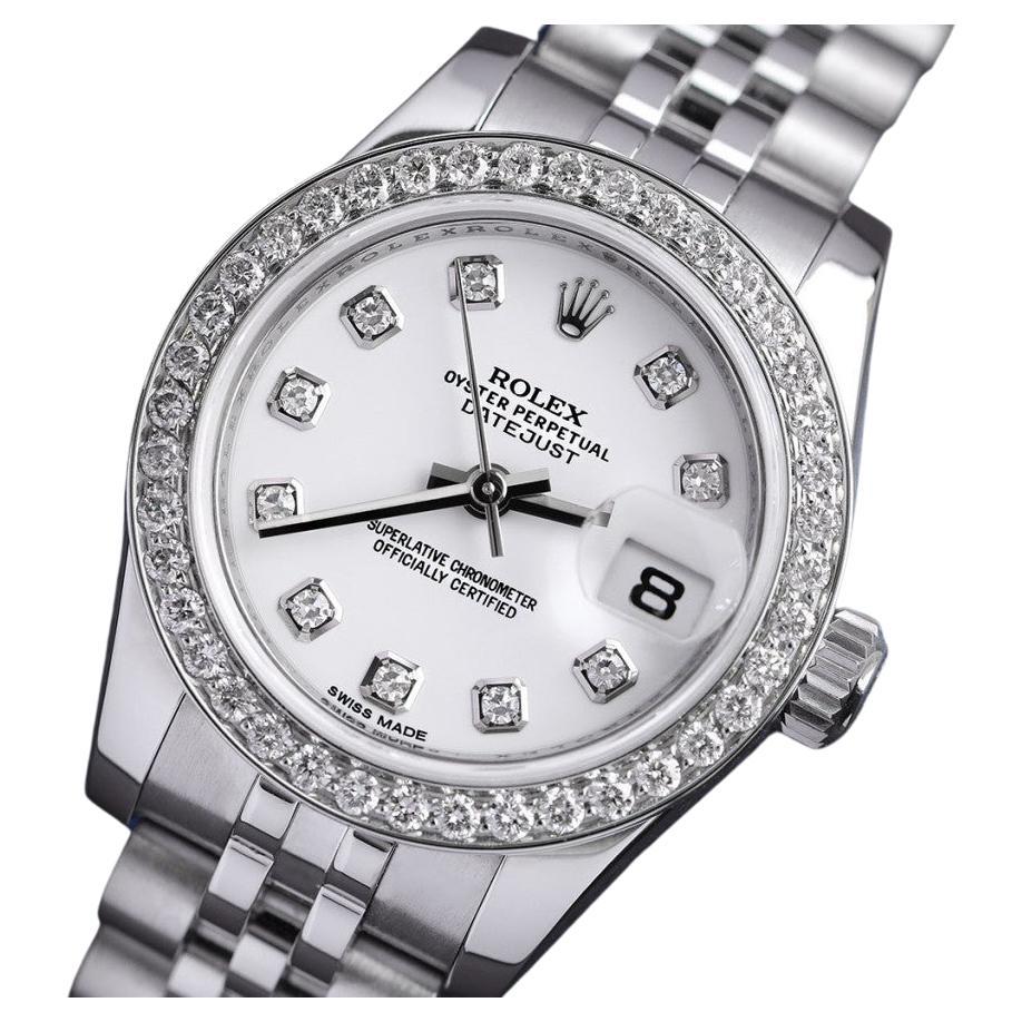 Rolex Lady-Datejust Steel Watch Factory White Diamond Dial Watch 179174  For Sale