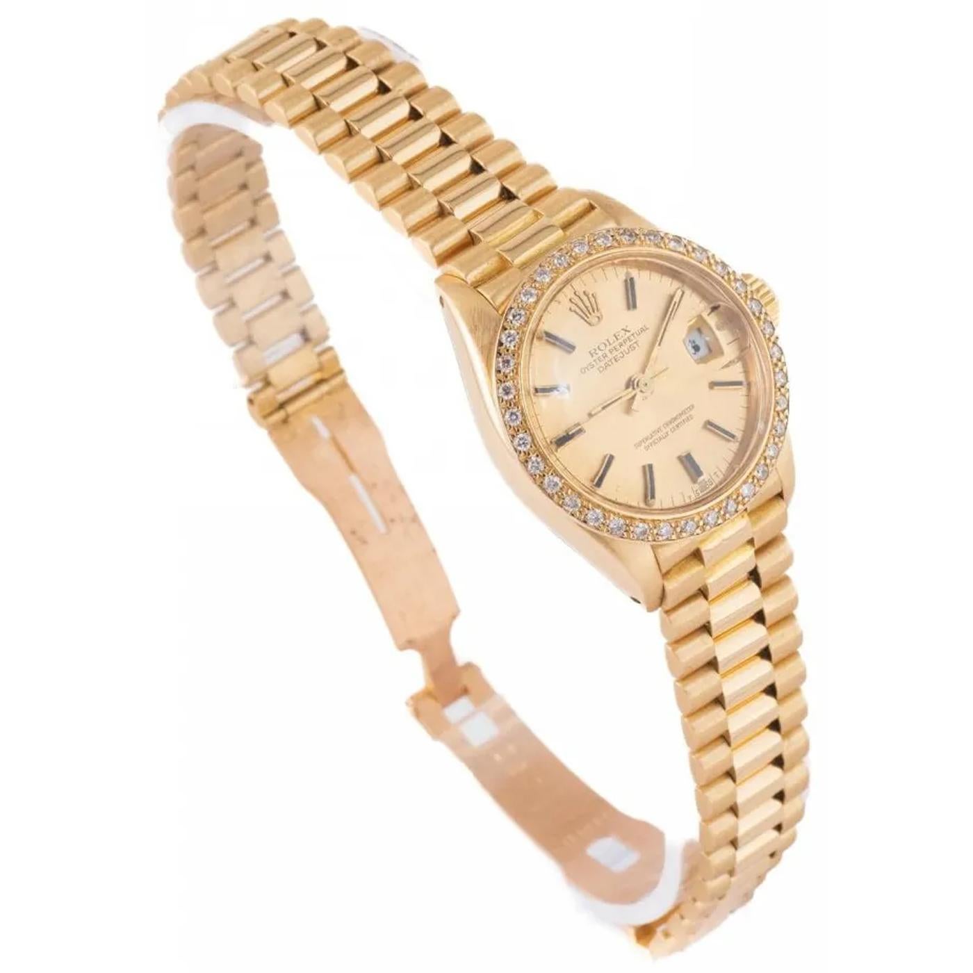 Modernist Rolex Lady-Datejust 26mm Champagne Dial 18K Yellow Gold Diamond Bezel Watch 6916 For Sale