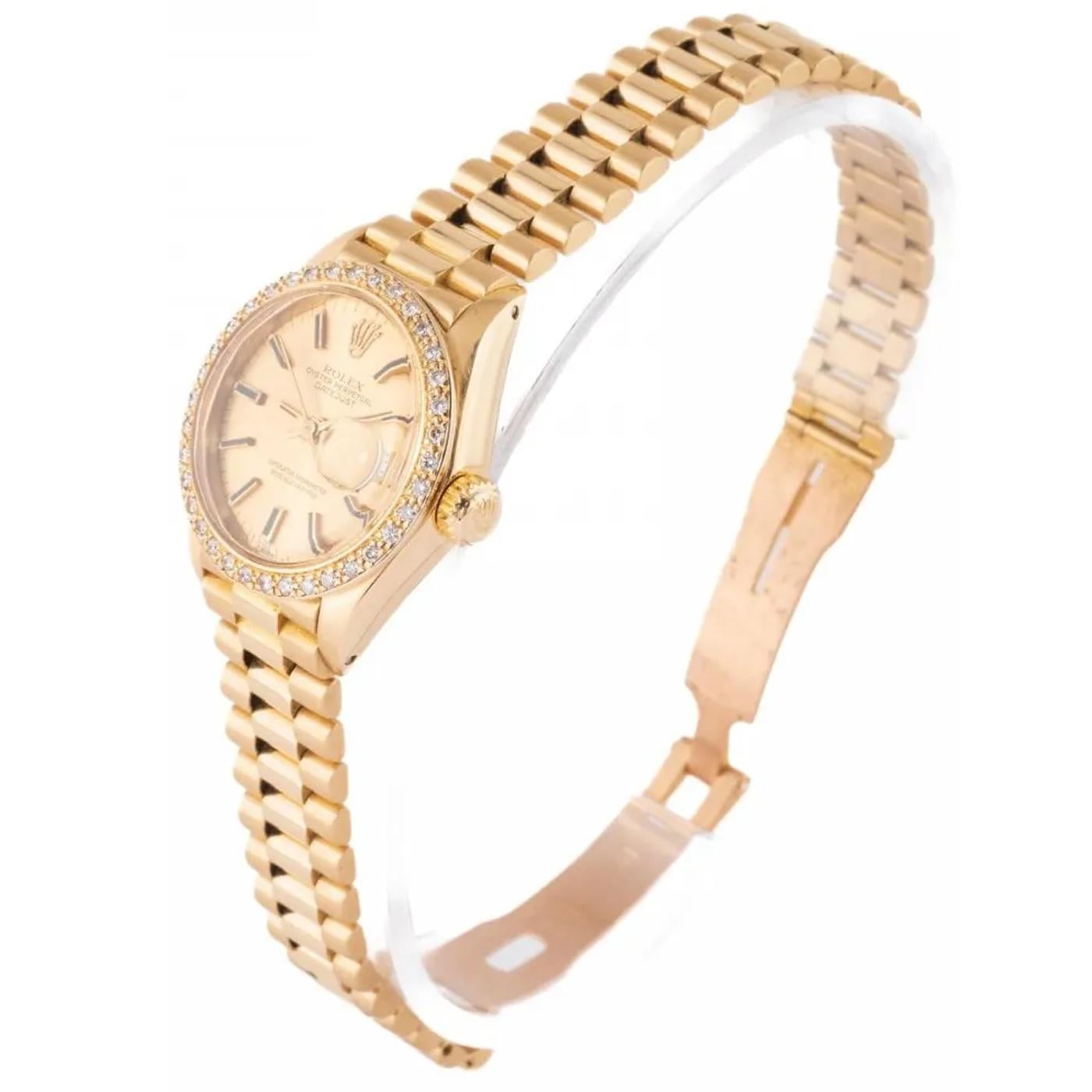 Round Cut Rolex Lady-Datejust 26mm Champagne Dial 18K Yellow Gold Diamond Bezel Watch 6916 For Sale