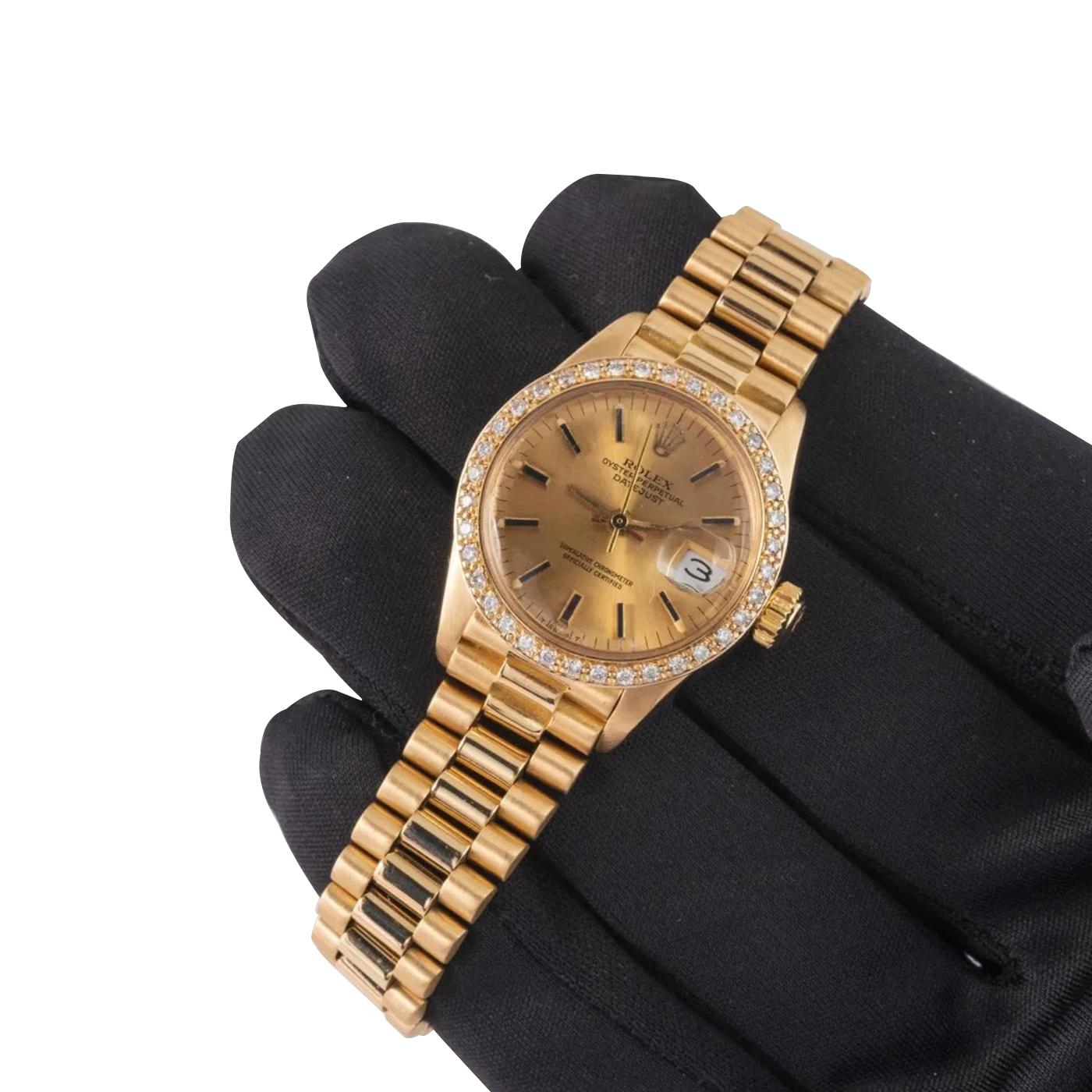 Women's Rolex Lady-Datejust 26mm Champagne Dial 18K Yellow Gold Diamond Bezel Watch 6916 For Sale