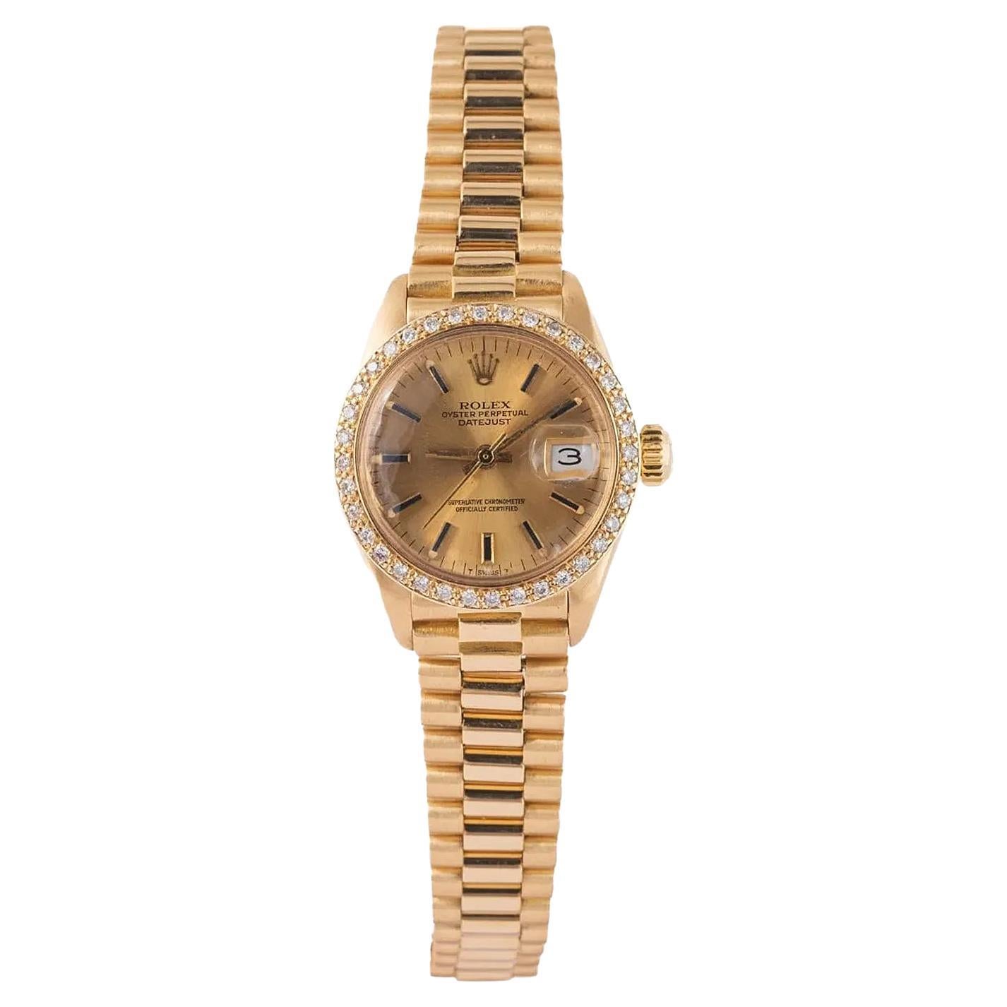 Rolex Lady-Datejust 26mm Champagne Dial 18K Yellow Gold Diamond Bezel Watch 6916