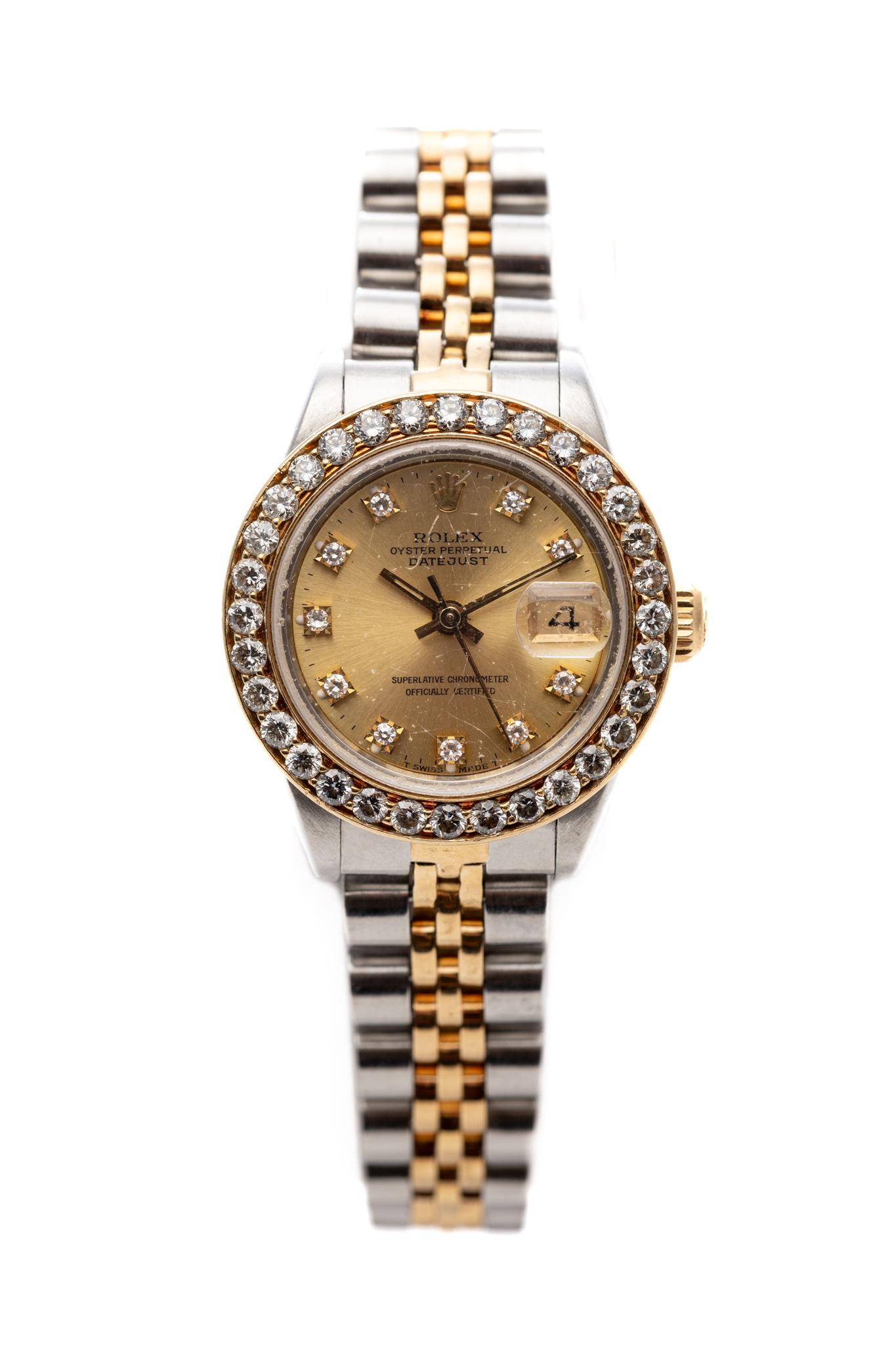 Rolex Lady-Datejust 26mm Two Tone Champagne Diamonds Aftermarket Bezel Ref 69173 In Excellent Condition In București, RO