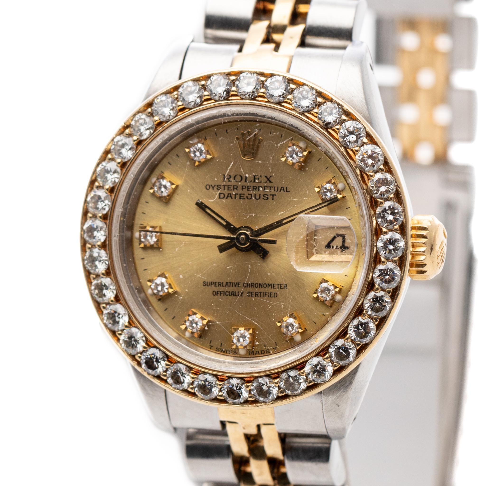 Women's Rolex Lady-Datejust 26mm Two Tone Champagne Diamonds Aftermarket Bezel Ref 69173