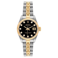 Rolex Lady-Datejust 26mm Yellow Gold Steel Diamond Black Dial Watch 69173