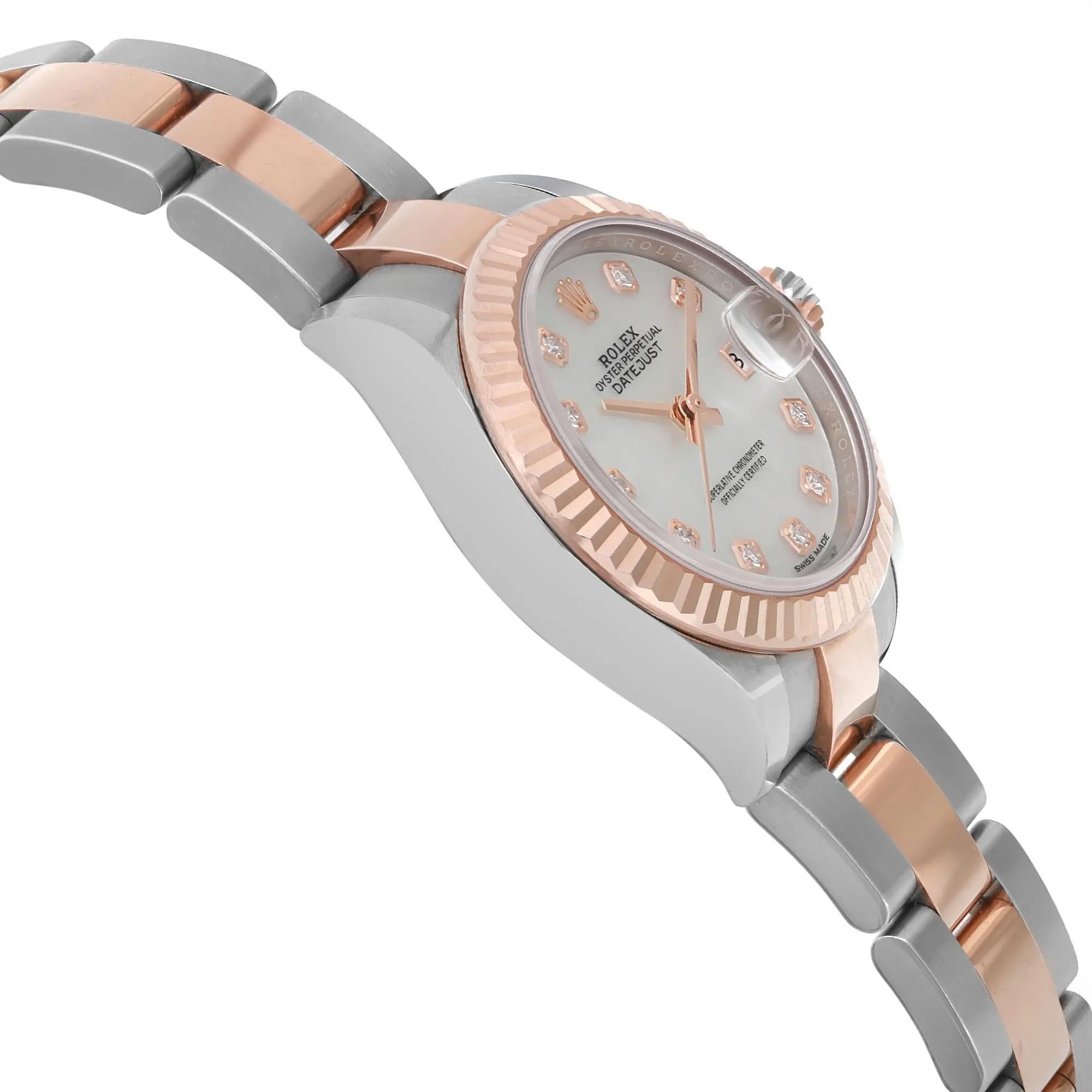 Rolex Lady-Datejust 28mm 18k Rose Gold Steel MOP Diamond Dial Watch 279171 In Excellent Condition For Sale In New York, NY