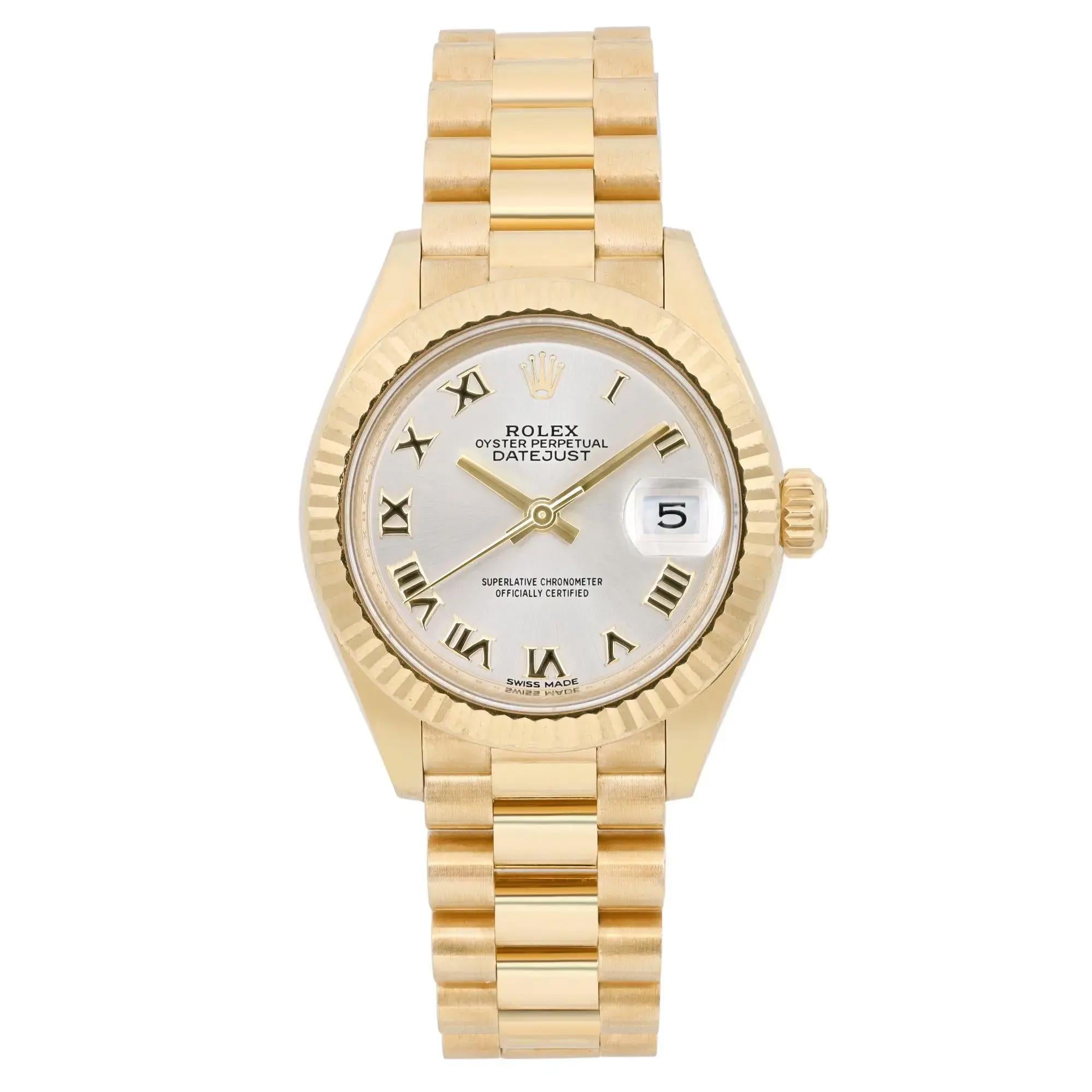 Rolex Lady-Datejust 28mm 18K Yellow Gold Silver Roman Dial Ladies Watch 279178 For Sale