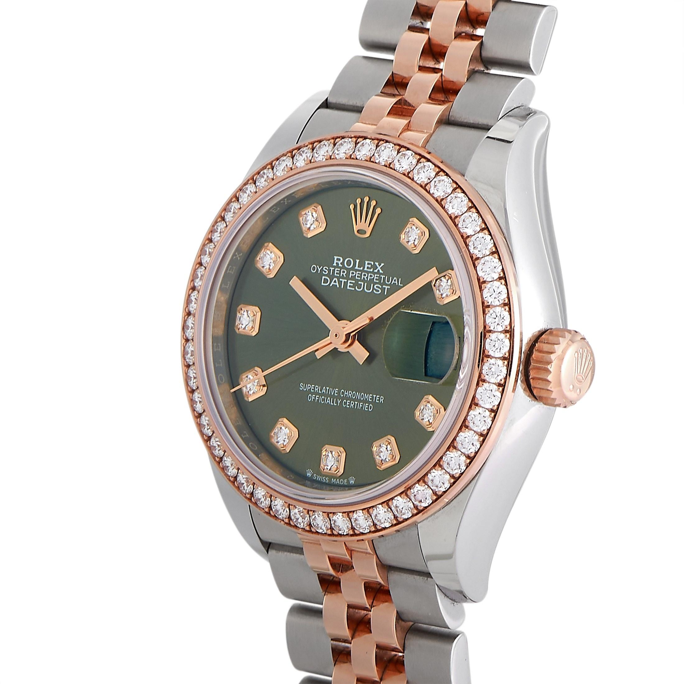 The Rolex Lady Datejust Diamond Watch, reference number 279381RBR, features a bold combination of luxury materials. 

This watch’s lovely 28mm Stainless Steel case comes to life thanks to a sparkling bezel with an array of glittering diamonds and an