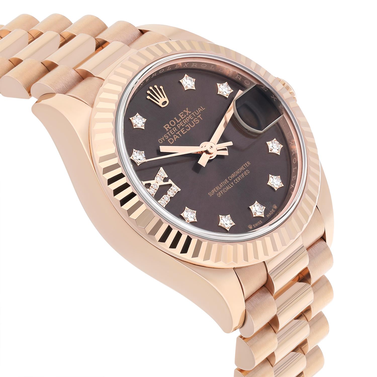 Rolex Lady-Datejust 28mm Everose Gold Women's Watch 279175 Presidential Band In Excellent Condition In New York, NY