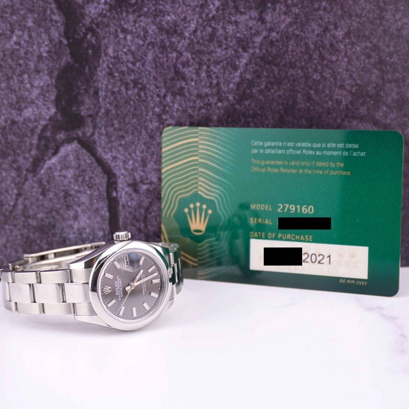 Rolex Datejust 28mm Watch

Pre-owned w/ Original Box and Papers
100% Authentic, Swiss Ice Certificate of Value & Authenticity Card
Condition - (Excellent Condition) - See Pics
Watch Reference - 279160
Model - Datejust
Dial Color - Gray
Material -