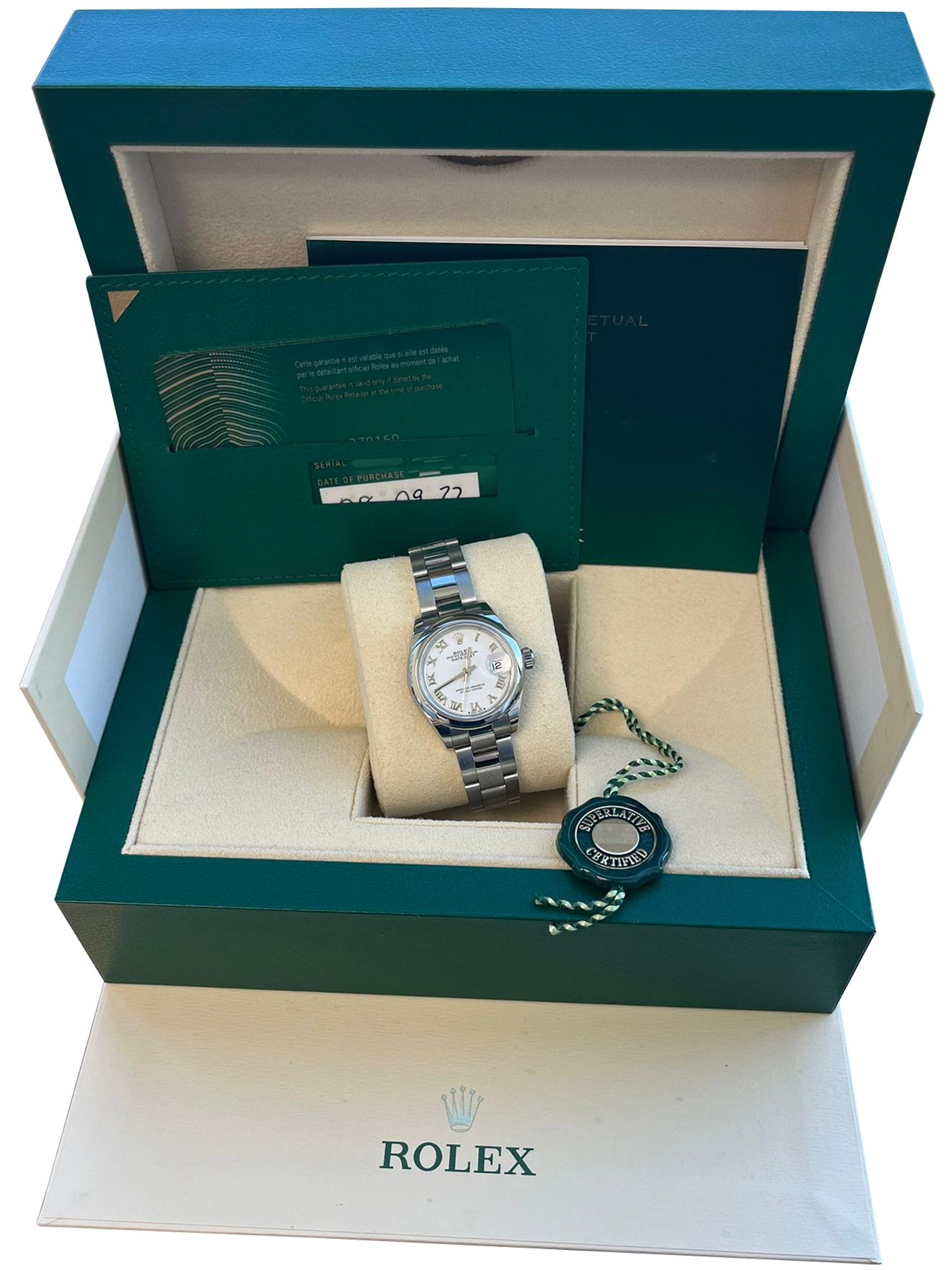 Rolex Datejust 28 White Dial Steel Ladies Watch 279160. Officially certified chronometer self-winding movement. Stainless steel oyster case 28 mm in diameter. Rolex logo on a crown. Stainless steel smooth bezel. Scratch-resistant sapphire crystal