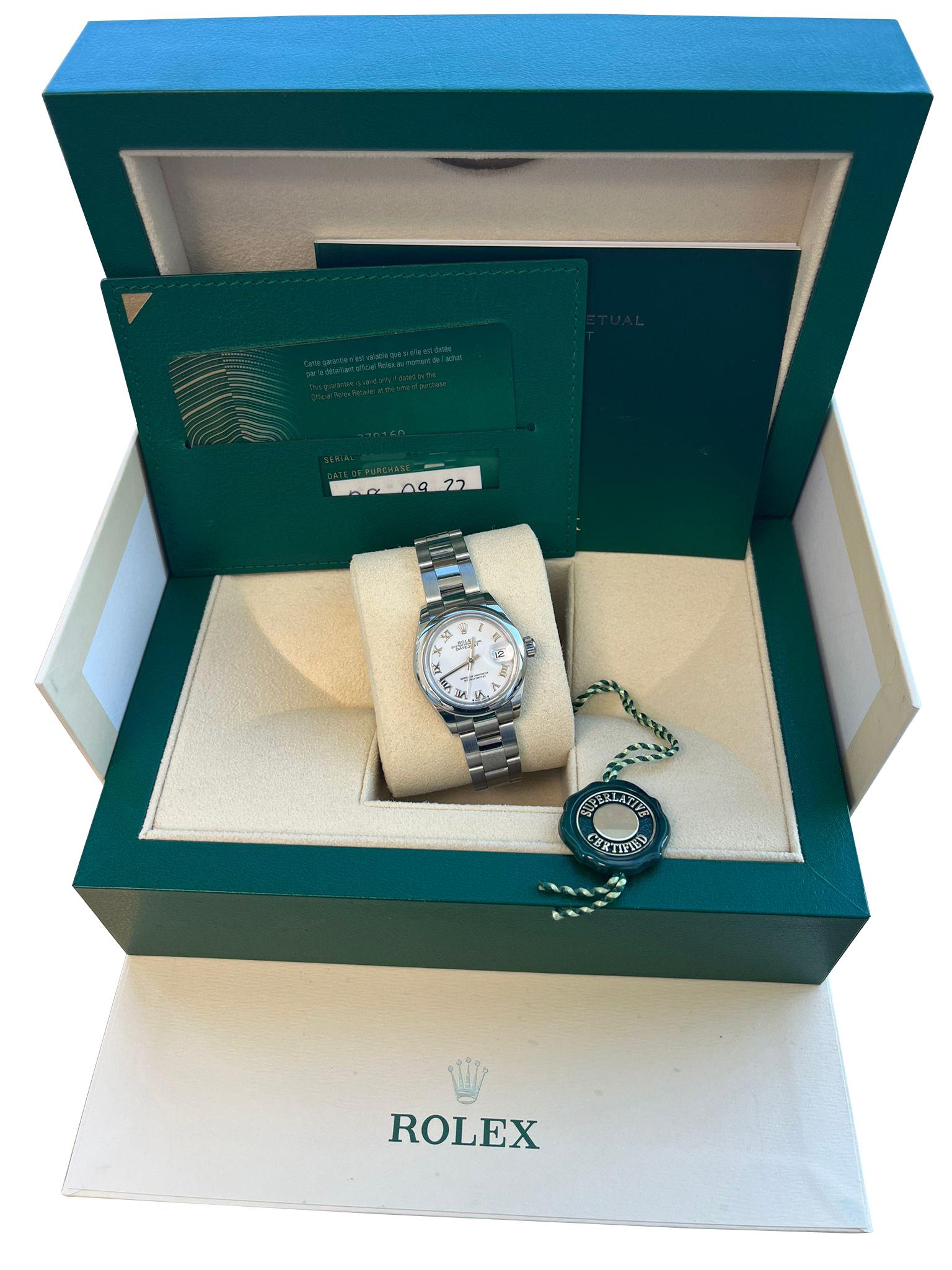 Modernist Rolex Lady-Datejust 28mm White Dial Smooth Bezel Steel Ladies Watch 279160-0016 For Sale