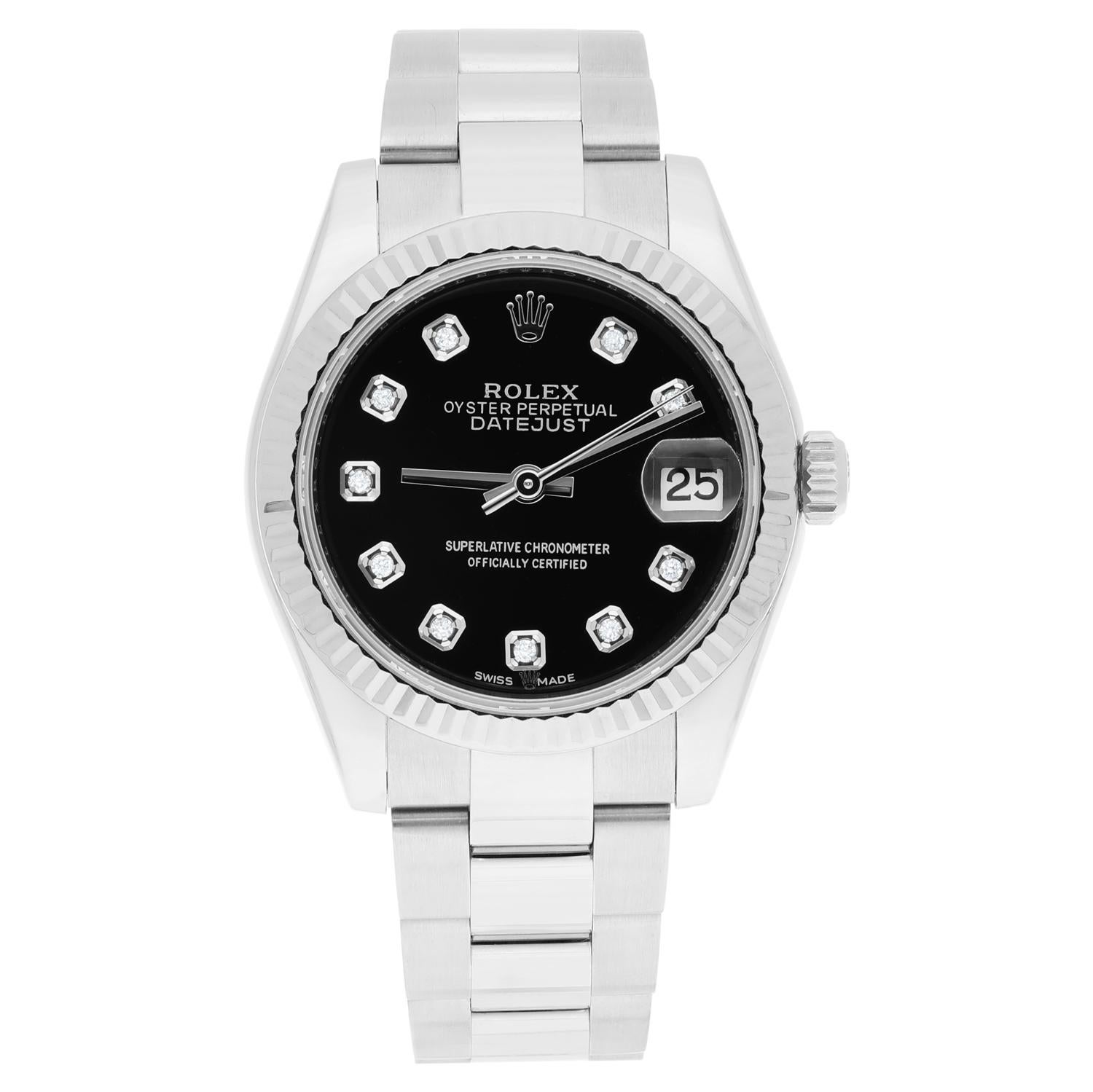 This Rolex Lady-Datejust 31mm wristwatch is a luxurious timepiece designed for women who appreciate style and functionality. The watch features a custom black dial with diamond markers that add a touch of elegance to any outfit. It has a fluted