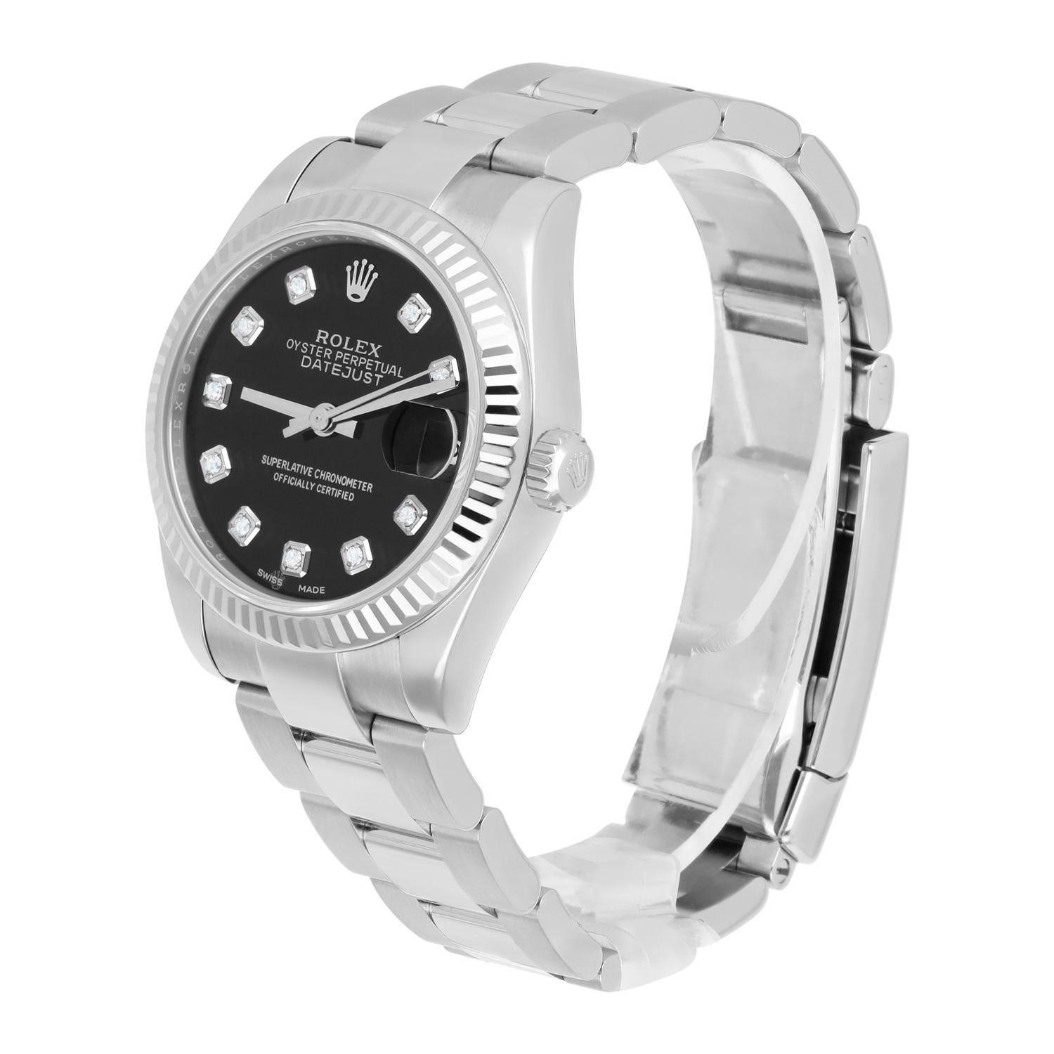 Women's Rolex Lady-Datejust 31mm Stainless Steel Black Diamond Dial Fluted Bezel 178240 For Sale