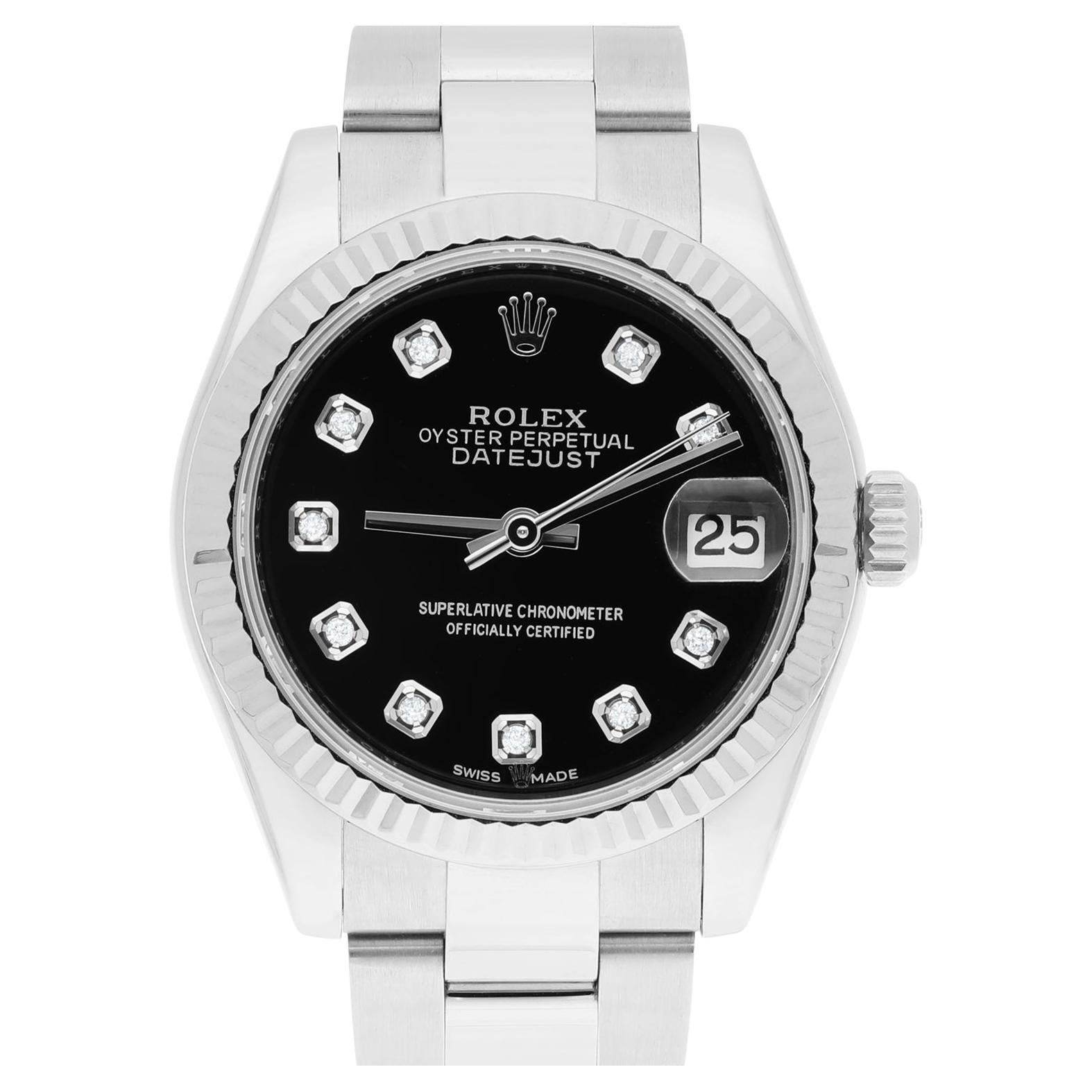 Rolex Lady-Datejust 31mm Stainless Steel Black Diamond Dial Fluted Bezel 178240 For Sale