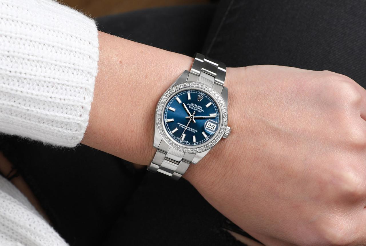 Rolex Montre Lady-Datejust 31 mm en acier inoxydable avec index bleu et lunette en diamants en vente 1