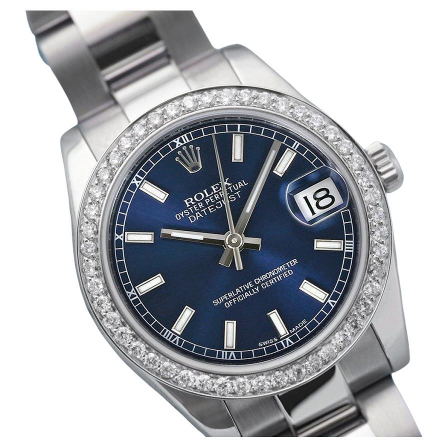 Rolex Lady-Datejust 31mm Stainless Steel Blue Index Dial with Diamond Bezel For Sale