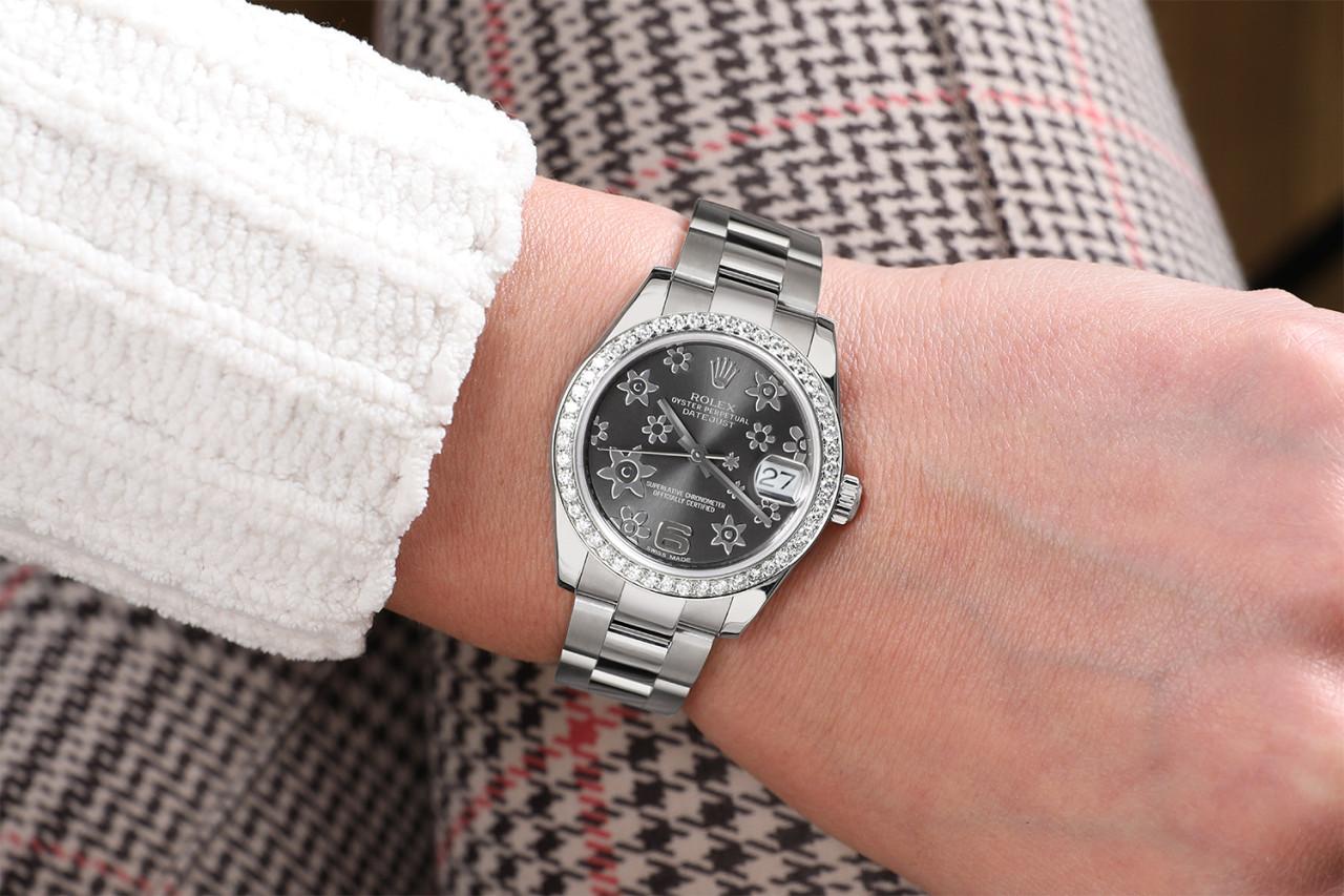 Rolex Lady-Datejust Stainless Steel Grey Flowe Dial with Diamond Bezel Watch In Excellent Condition For Sale In New York, NY