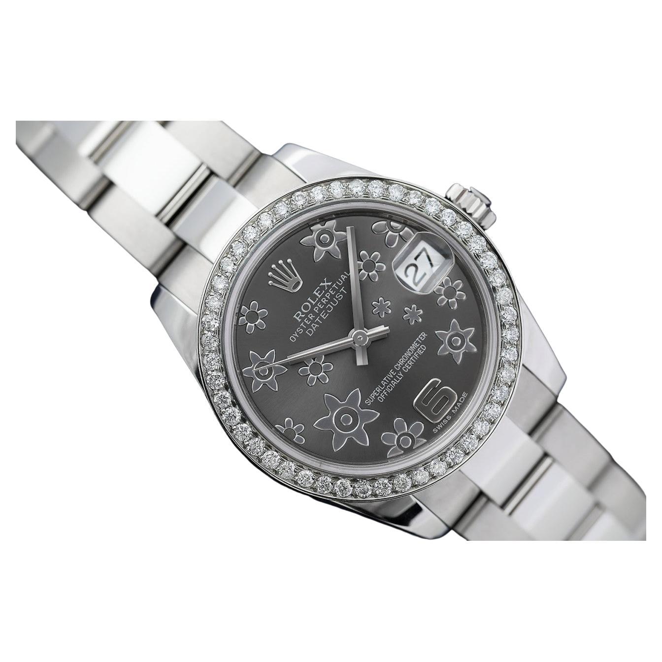 Rolex Lady-Datejust Stainless Steel Grey Flowe Dial with Diamond Bezel Watch For Sale