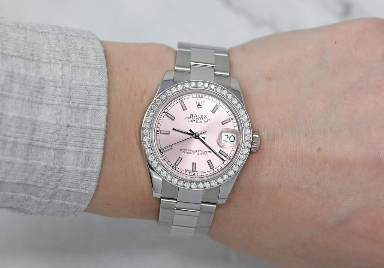 Round Cut Rolex Lady-Datejust Stainless Steel Pink Dial with Diamond Bezel Watch 178240 For Sale