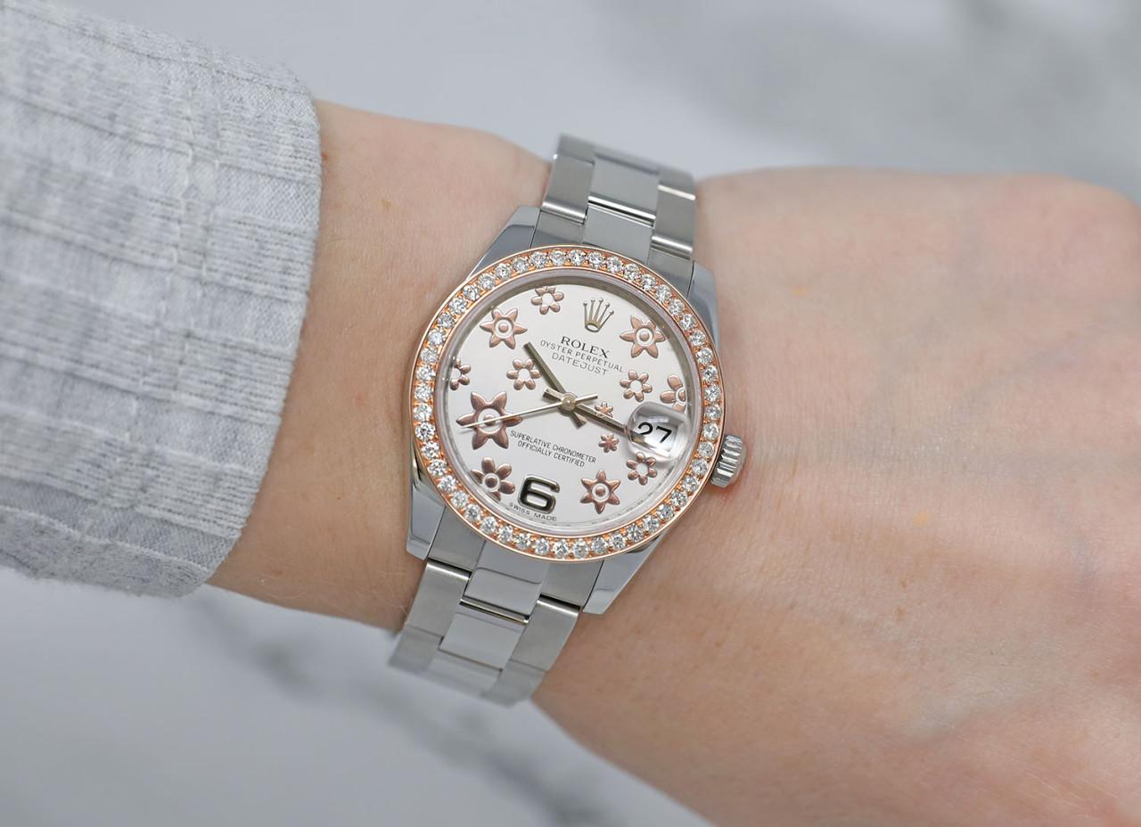 Round Cut Rolex Lady-Datejust Stainless Steel Rare Rose Flower Silver Factory Dial Watch For Sale