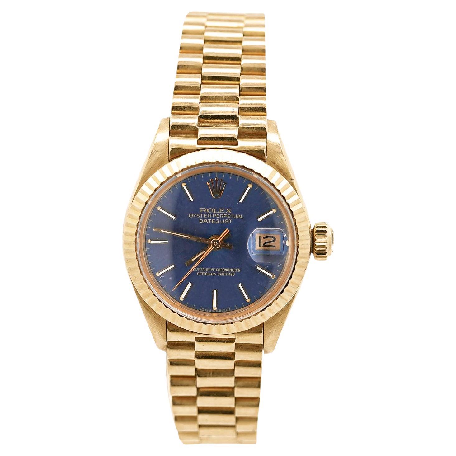Rolex Lady DateJust 6917 Blue Dial 18K Gold President Bracelet Watch