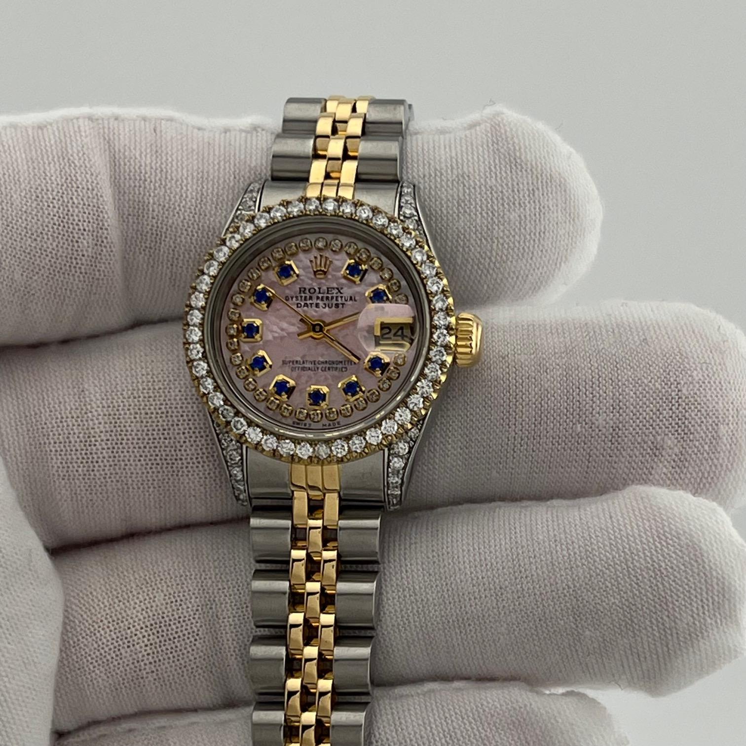 Rolex Lady Datejust 69173 26mm Perlmutt Zifferblatt Diamant Lünette 18k Gold Stahl im Angebot 3