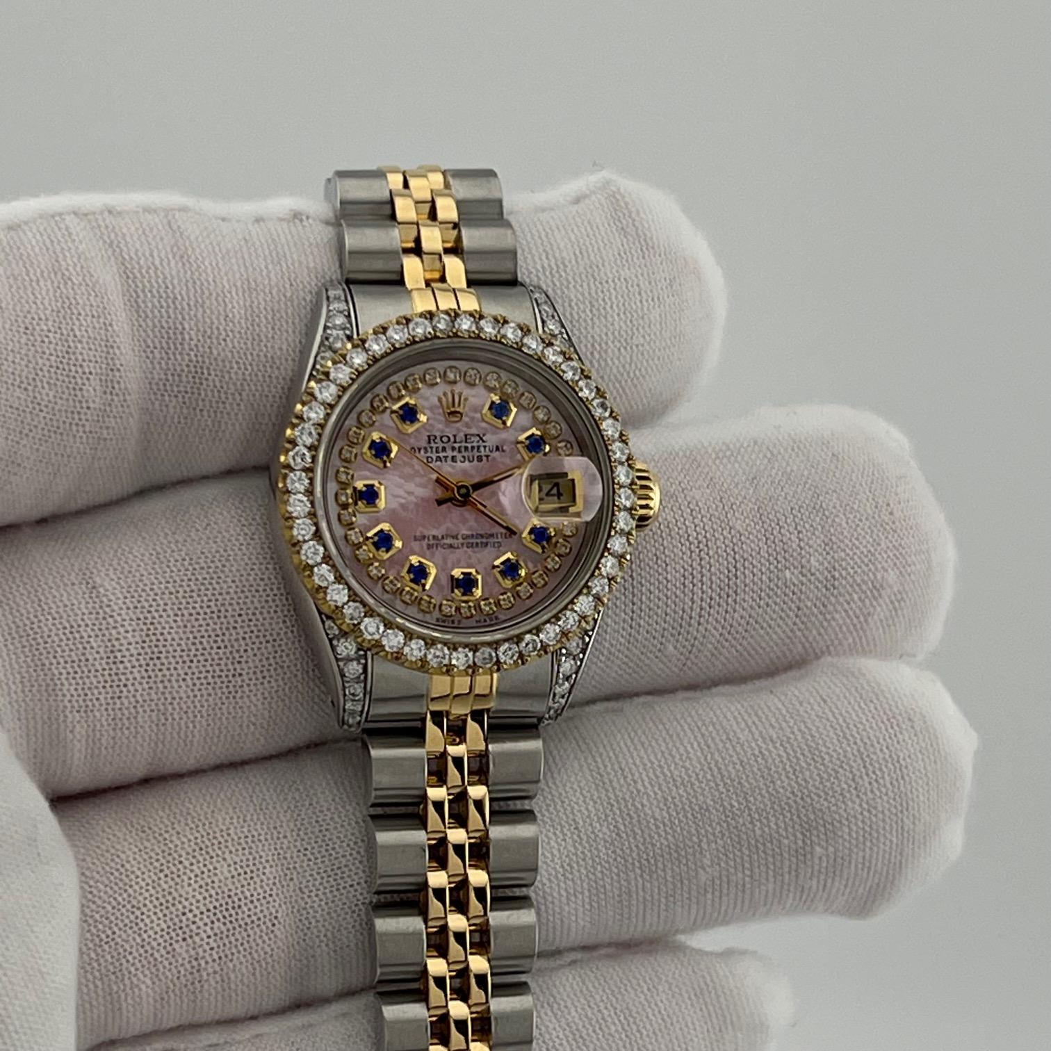 Rolex Lady Datejust 69173 26mm Perlmutt Zifferblatt Diamant Lünette 18k Gold Stahl im Angebot 4