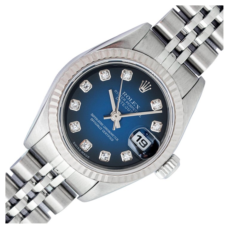 Rolex Lady Datejust 79190 Blue Diamond Dial 18k White Gold Steel Box Paper For Sale