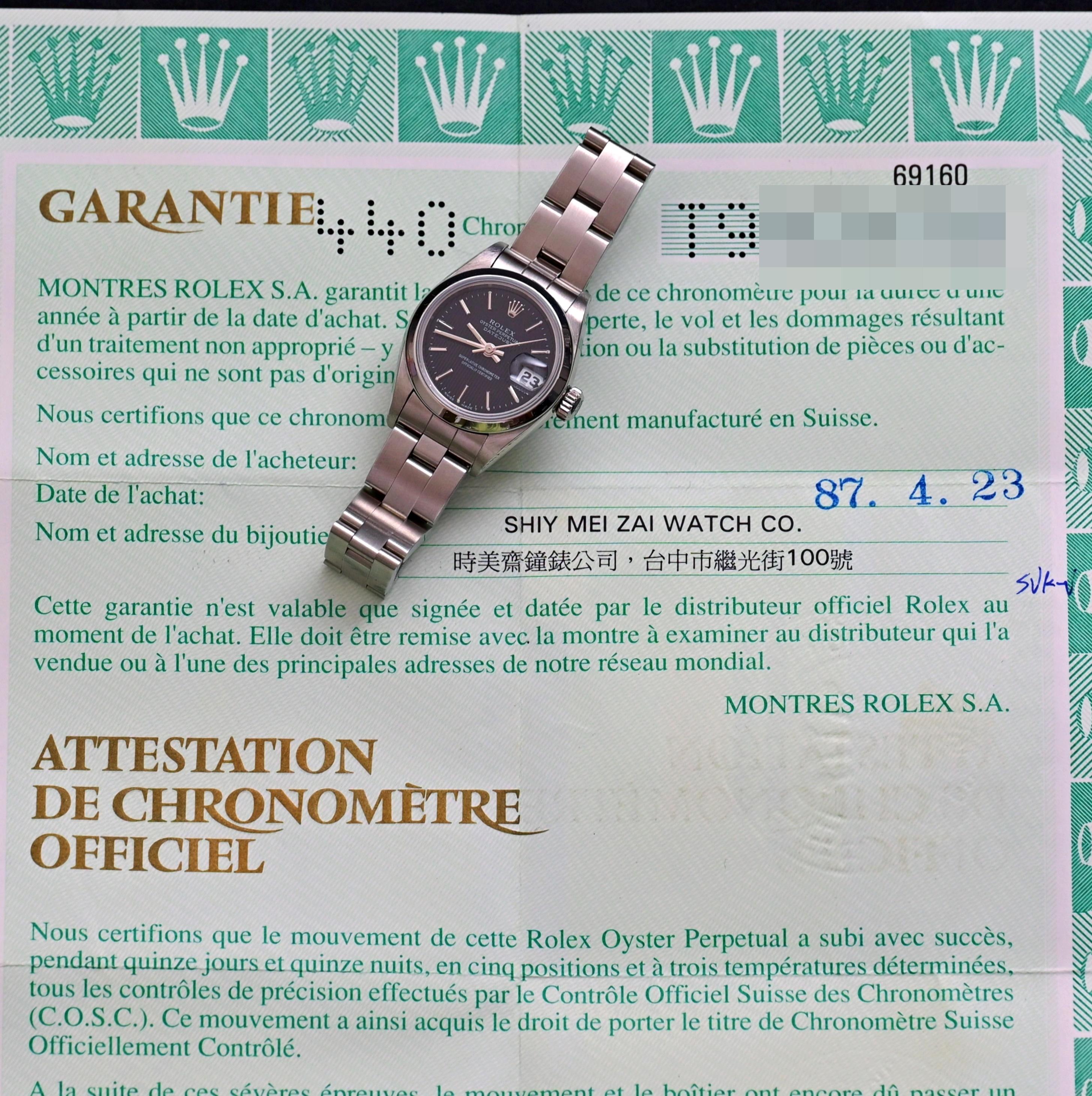 Brand: Rolex 
Model: 69160
Year: 1996-1997
Serial number: T9xxxxx

Reference: C04425

Case: 26mm in diameter without crown; Show sign of wear with slight polish from previous w/inner case back stamped 69000A

Dial: Aged Condition Black Stripe Dial