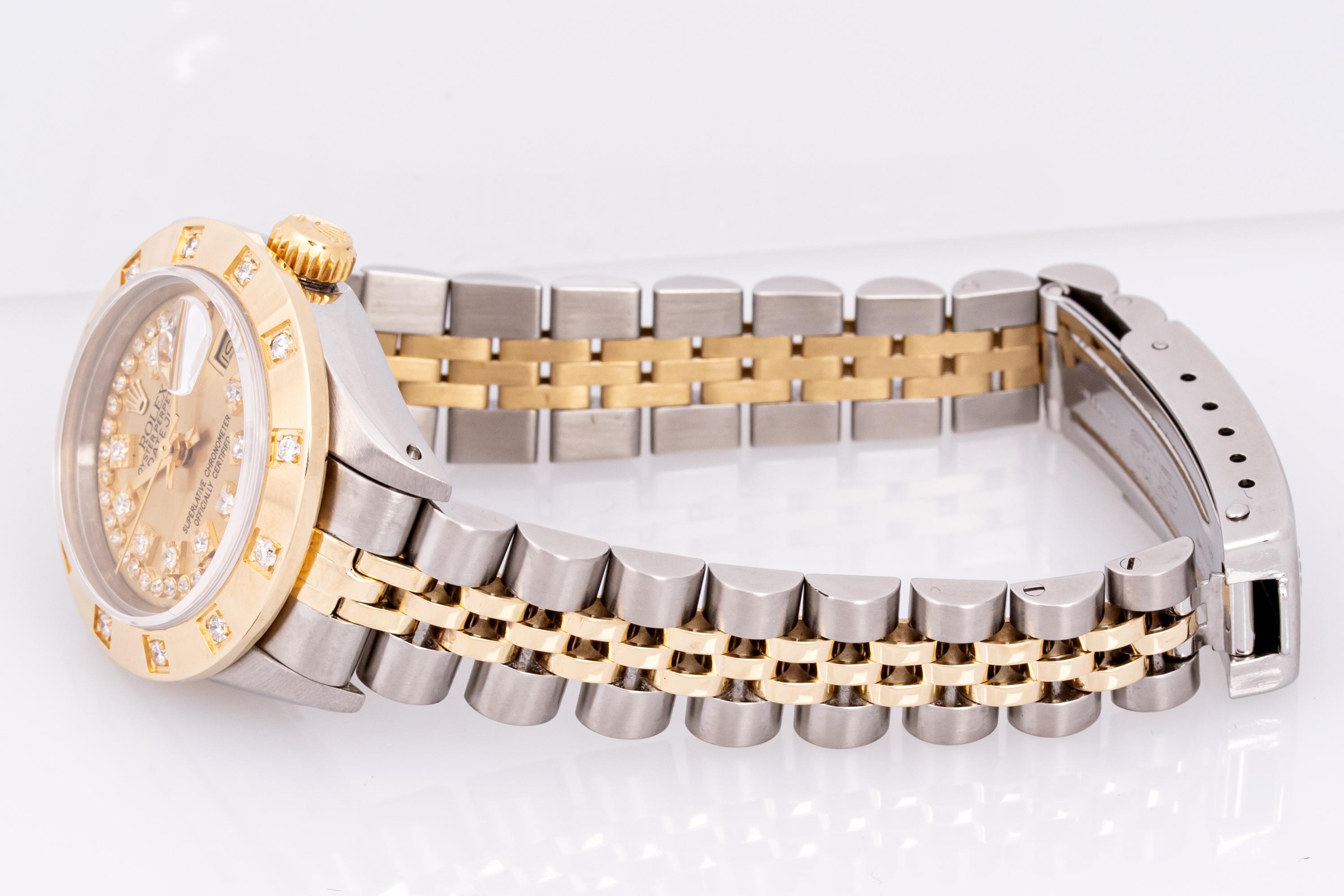 Rolex Lady DateJust Champagne String Dial-Steel and 18k Gold Diamond Bezel Watch For Sale 3