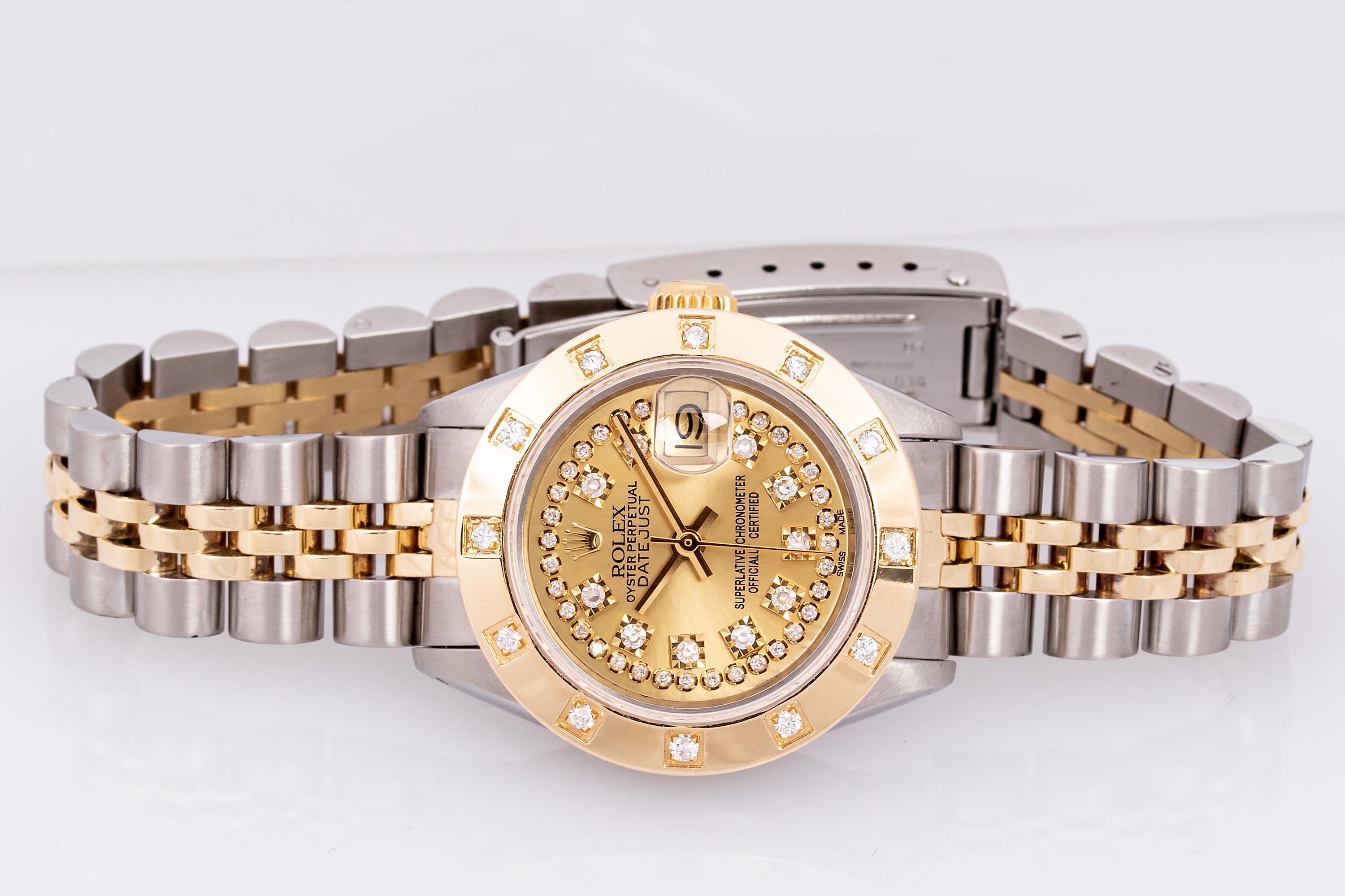 Rolex Lady DateJust Champagne String Dial-Steel and 18k Gold Diamond Bezel Watch In Good Condition For Sale In Los Angeles, CA