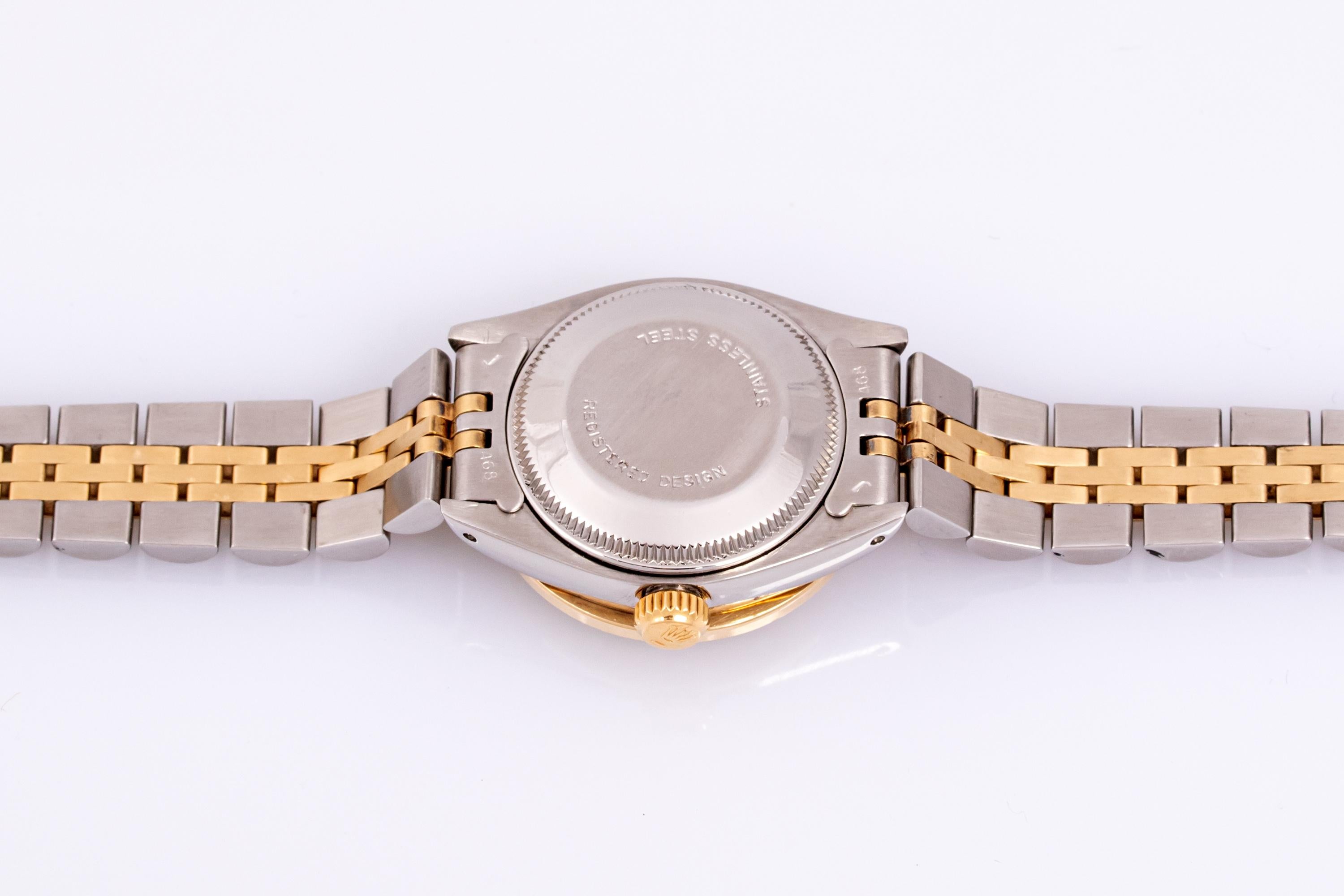 Rolex Montre DateJust Champagne avec cadran à cordes et lunette en or 18 carats et diamants, pour femmes en vente 4