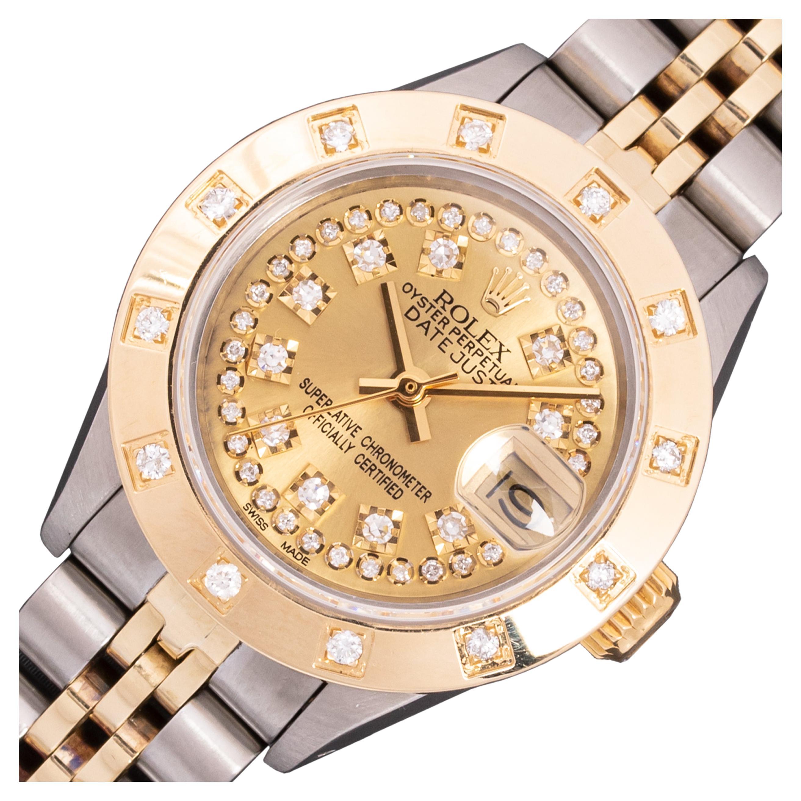 Rolex Lady DateJust Champagne String Dial-Steel and 18k Gold Diamond Bezel Watch For Sale