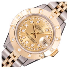 Used Rolex Lady DateJust Champagne String Dial-Steel and 18k Gold Diamond Bezel Watch