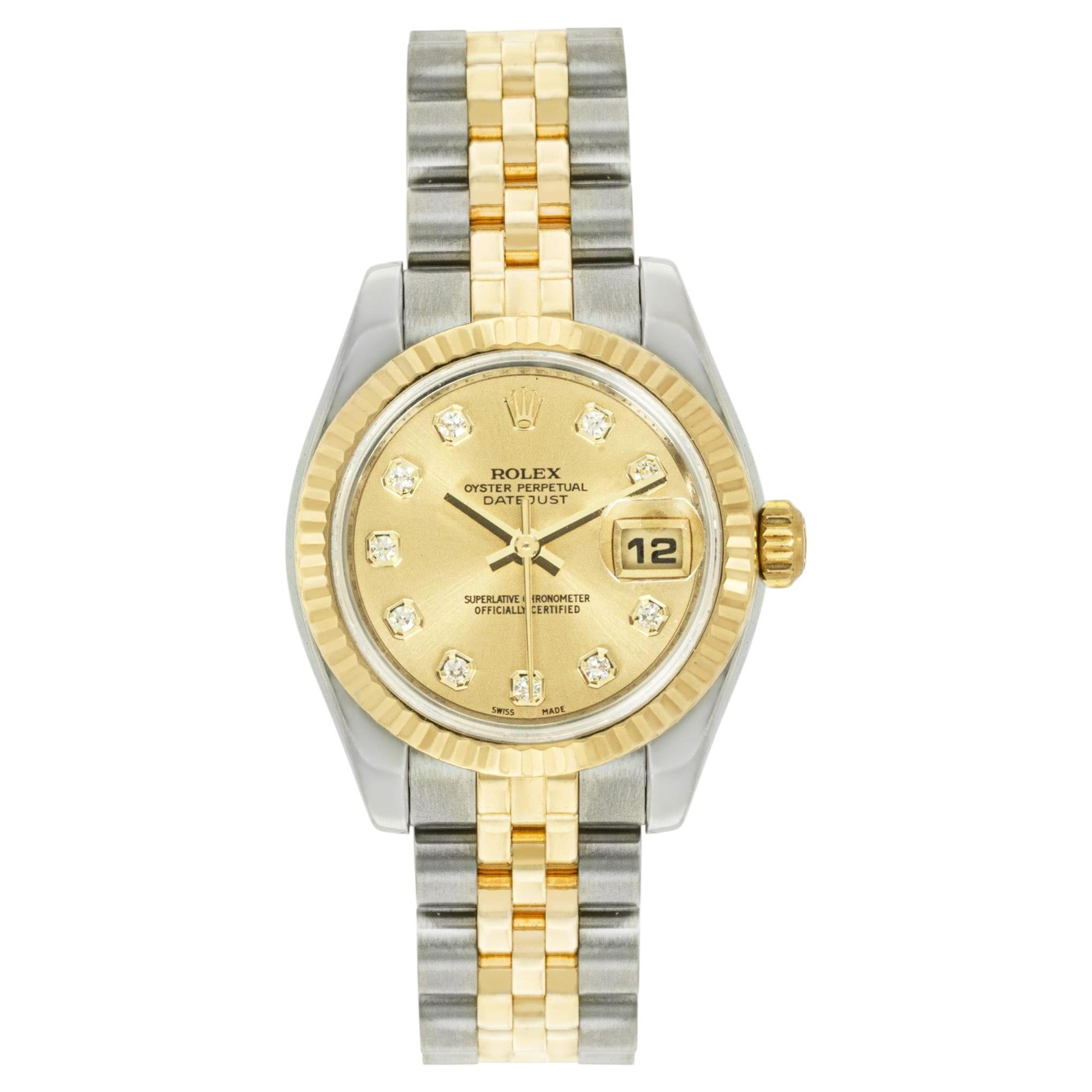 Rolex Lady-Datejust, diamants, cadran champagne, Steele et or jaune, 26 mm, 179173 en vente