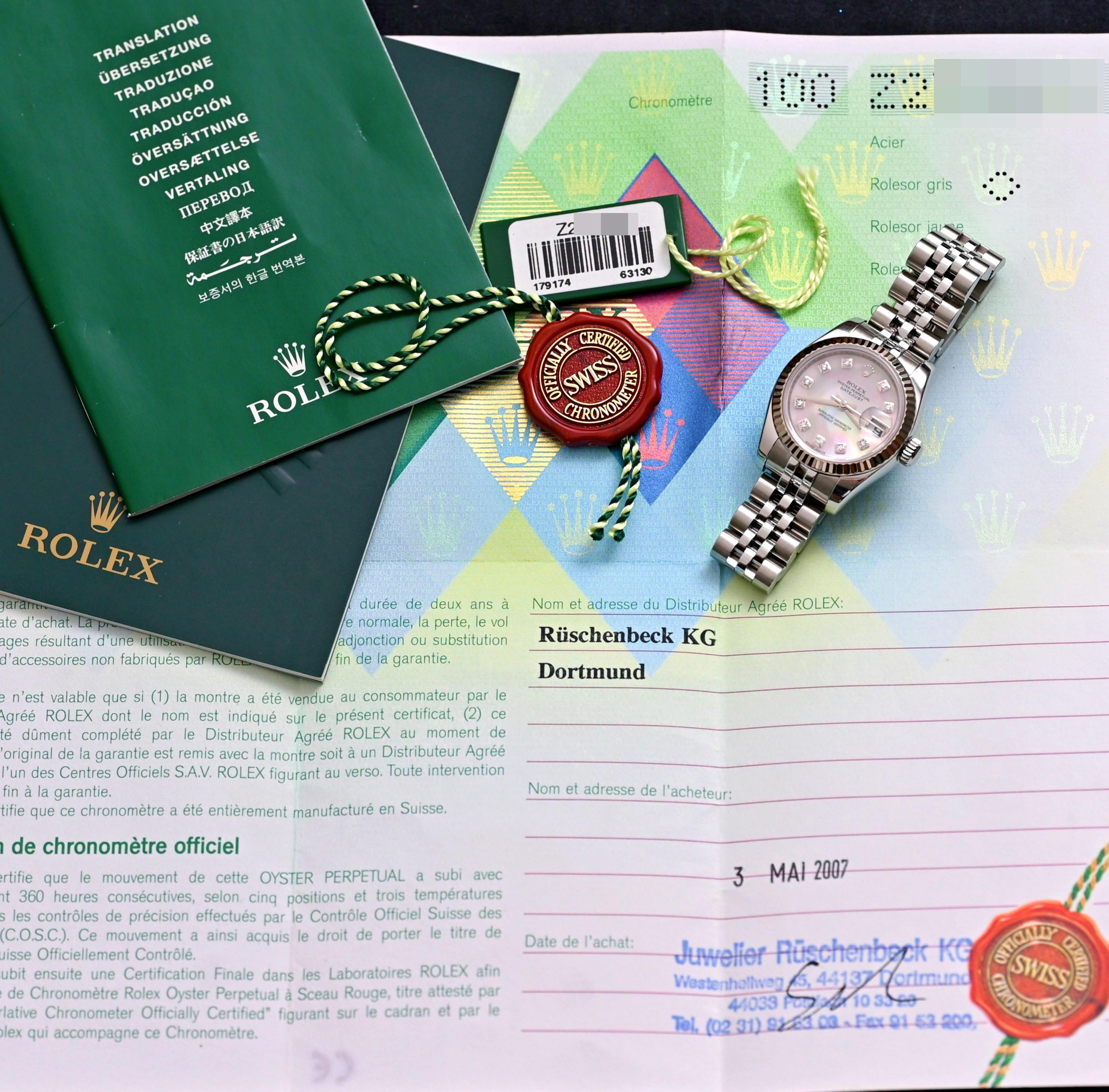 Brand: Rolex
Model: 179174
Year: 2005
Serial number: Z2xxxxx

Reference: C04631

Case: 26mm in diameter without crown; Show sign of wear with slight polish from previous w/inner case back stamped 2320.

Dial: Excellent Condition MOP Dial Diamond