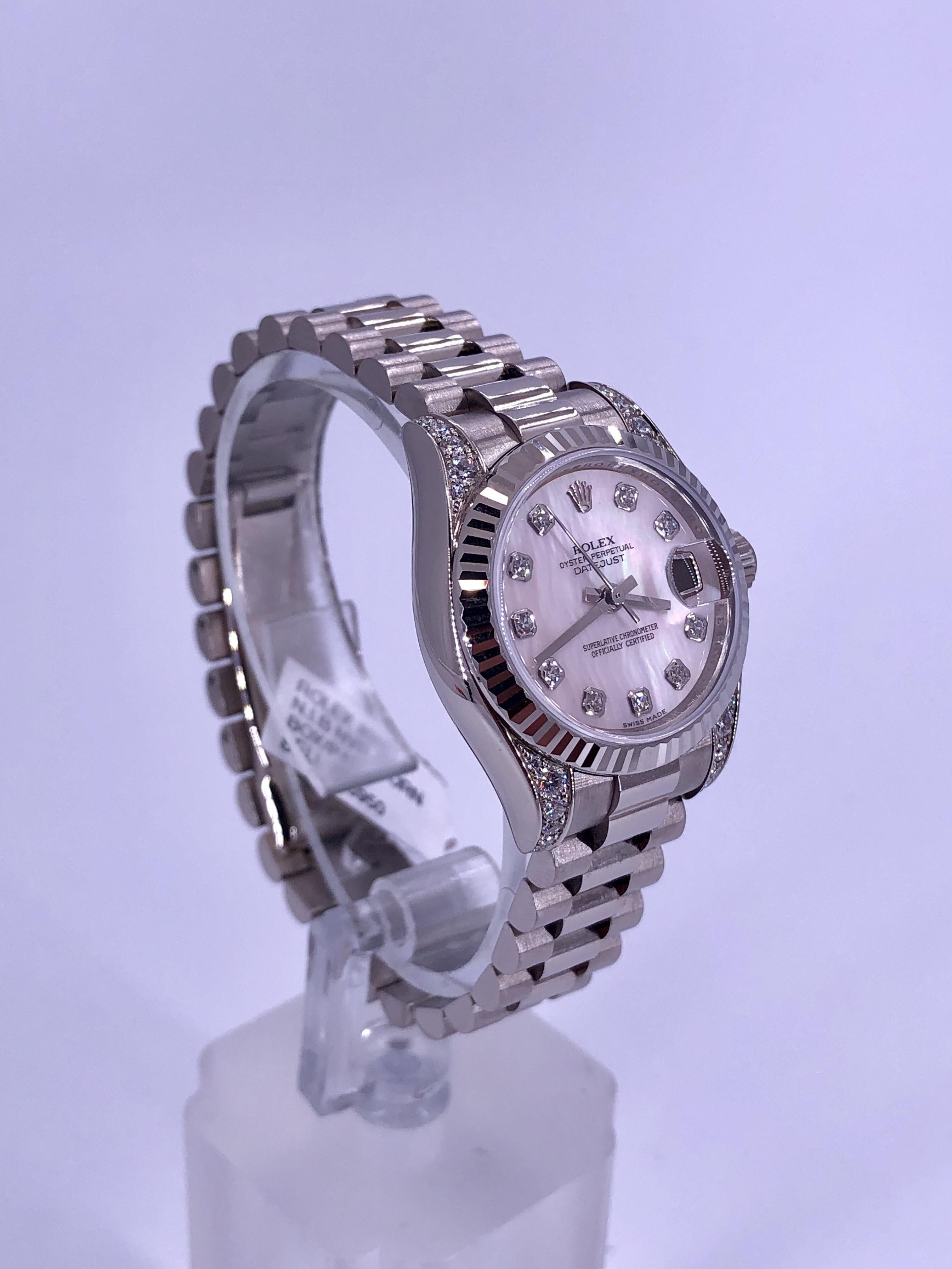 Contemporary Rolex Lady-Datejust NEW White Gold Mother of Pearl with Diamonds For Sale