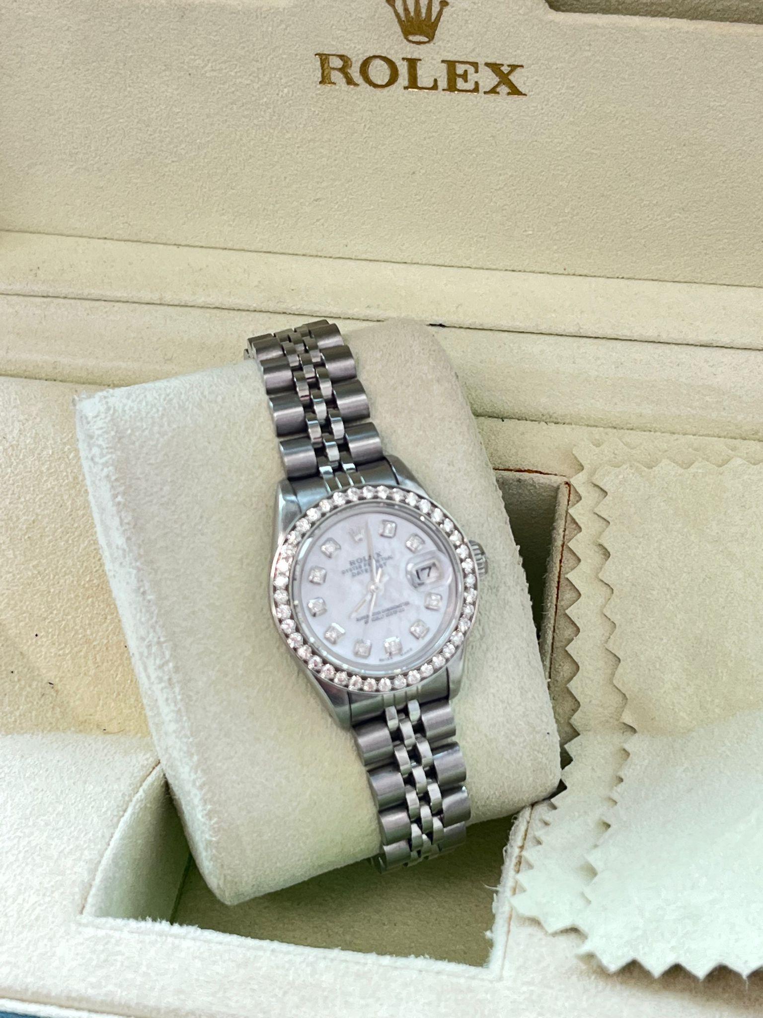 Women's Rolex Lady-Datejust Oyster Perpetual 26mm Steel MOP Diamond Dial & Bezel 69160 For Sale