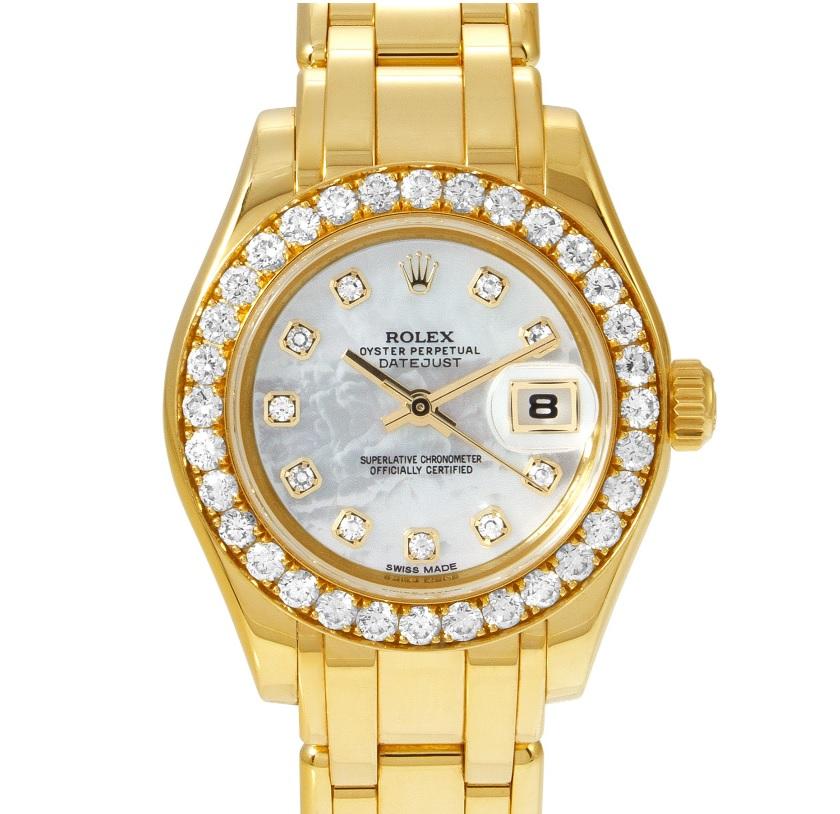Round Cut Rolex Lady-Datejust Pearlmaster Yellow Gold with Diamond Bezel Watch 80298