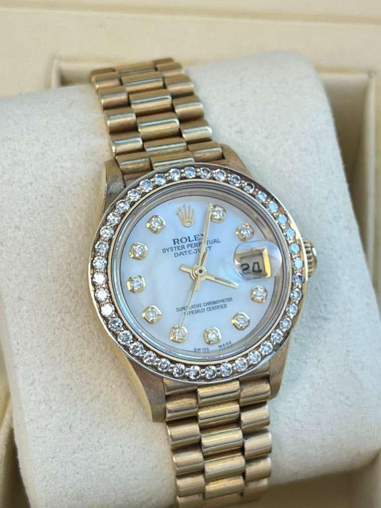 Rolex Lady-Datejust President Or jaune MOP Cadran Diamant Lunette Montre 69178 en vente 8