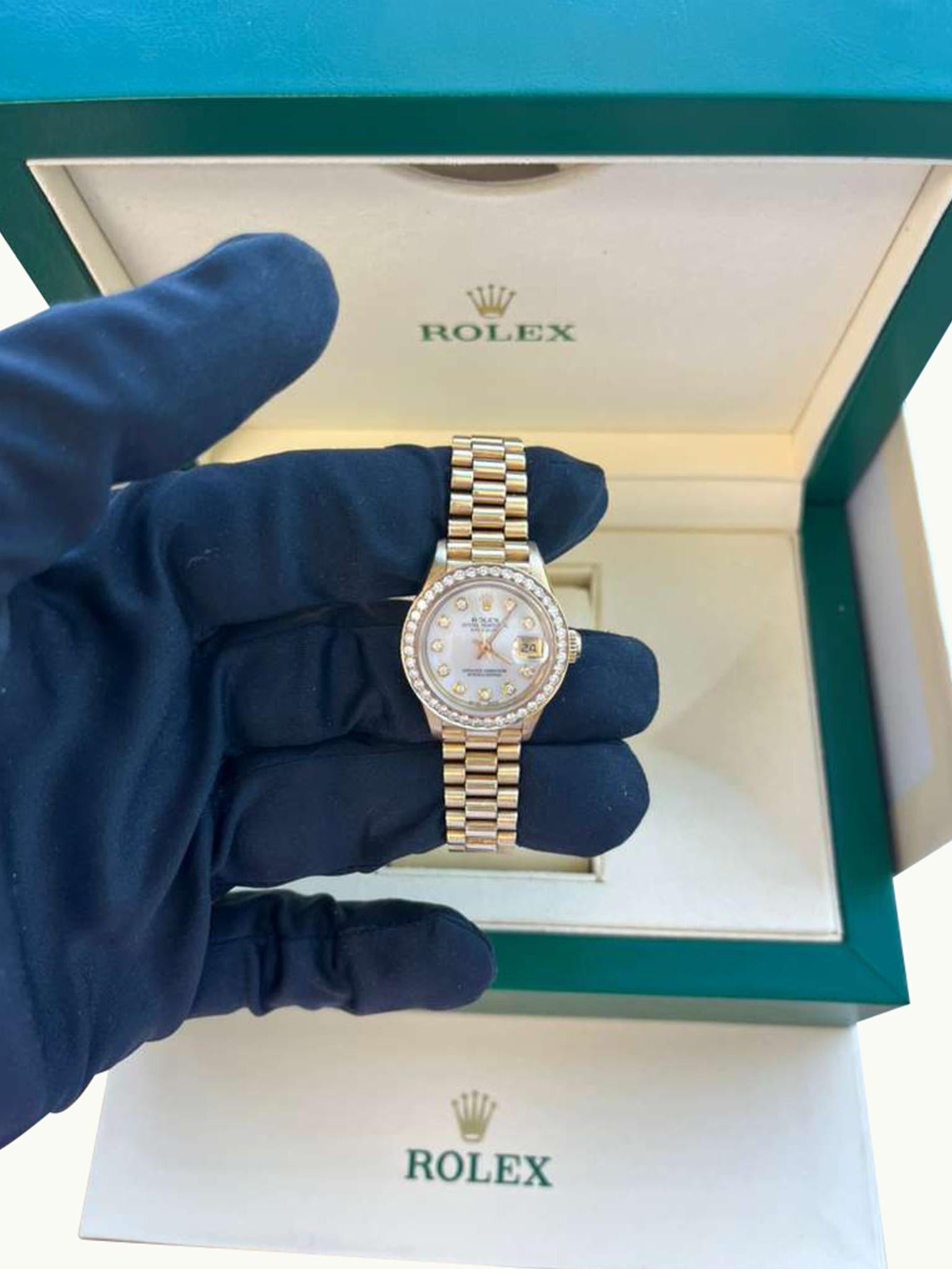 Rolex Lady-Datejust President Or jaune MOP Cadran Diamant Lunette Montre 69178 en vente 11