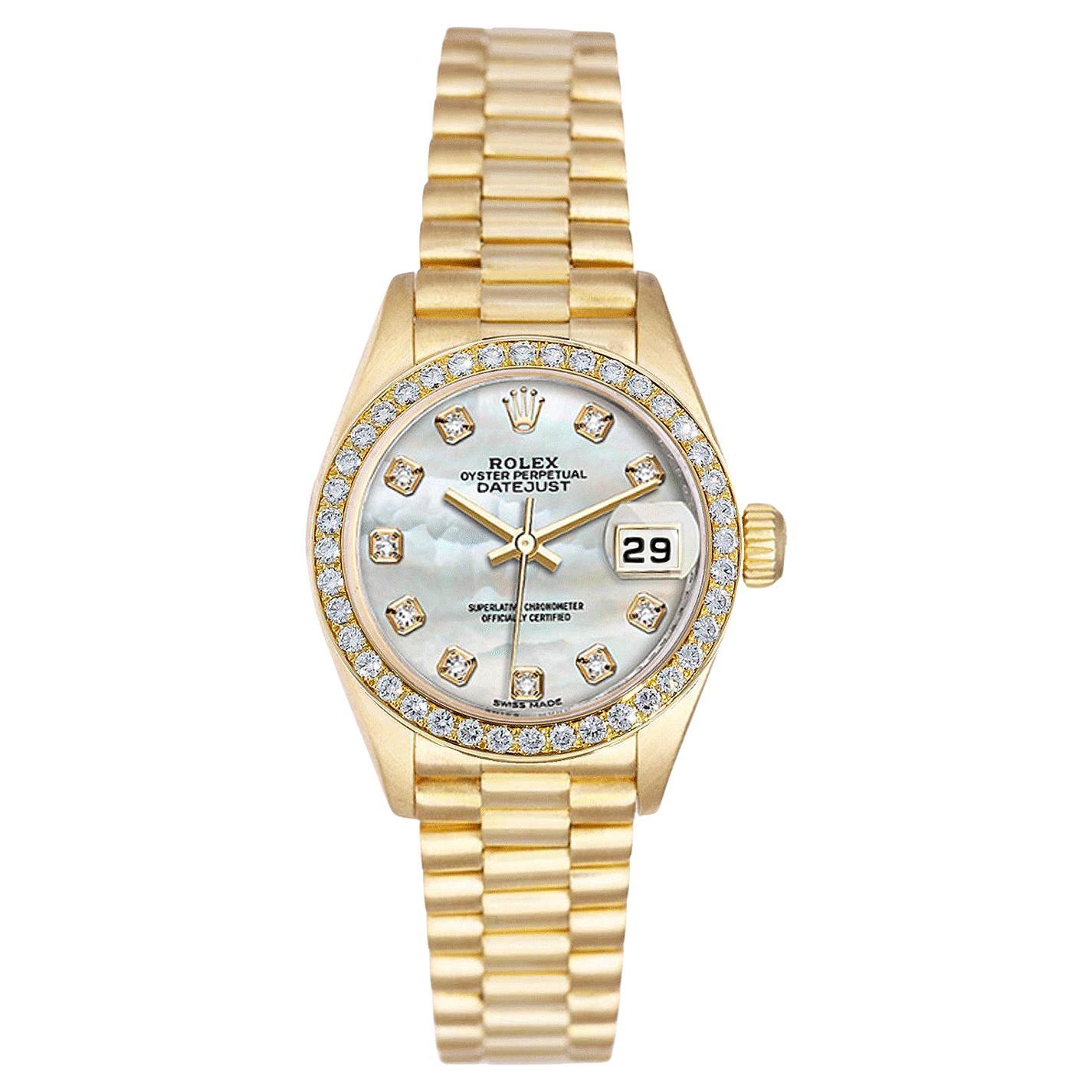 Rolex Lady-Datejust President Or jaune MOP Cadran Diamant Lunette Montre 69178 en vente