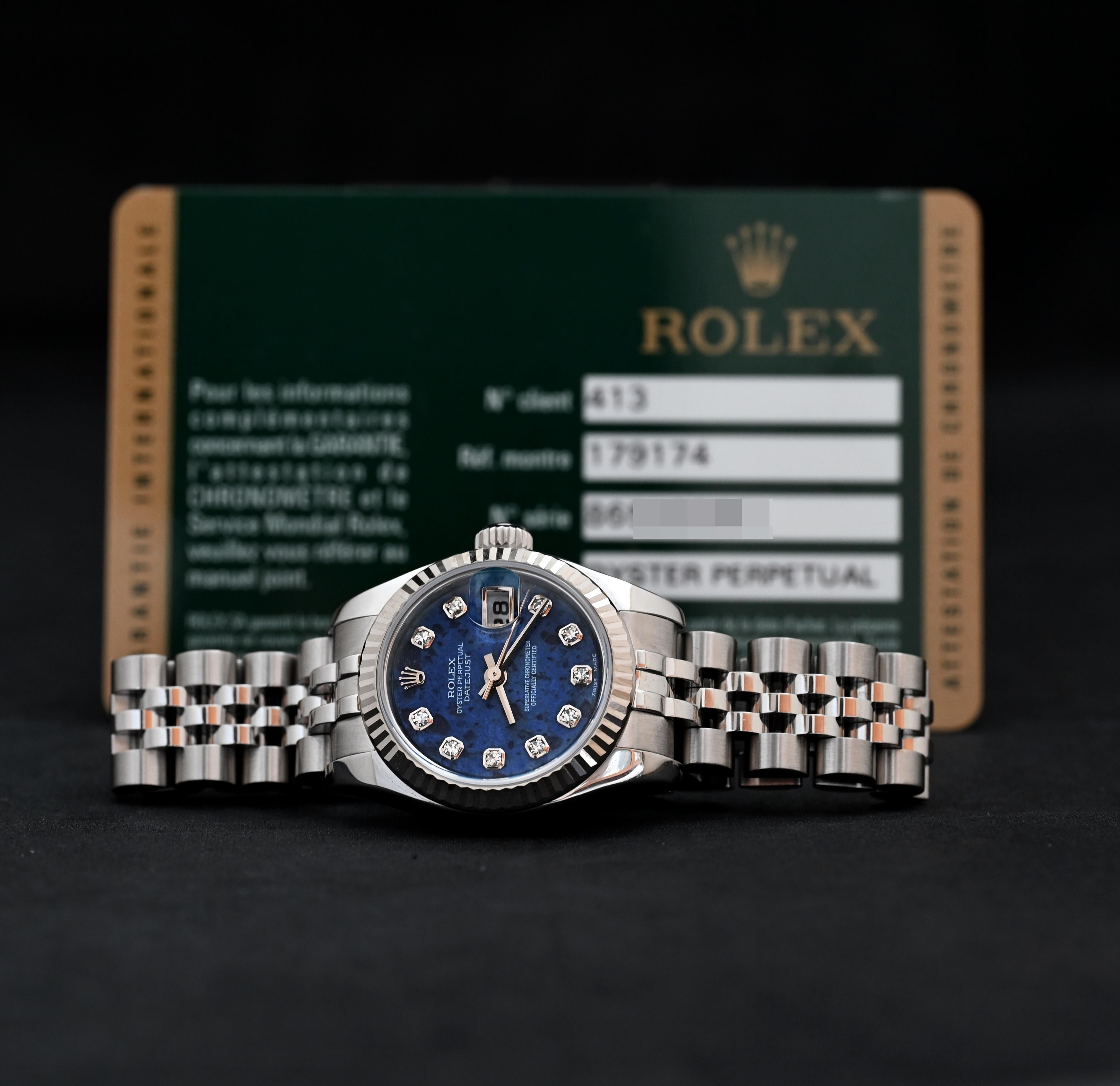 Rolex Lady Datejust Sodalite Stone Dial Diamond Indexes 179174 w/Card, 2014 In Fair Condition In Central & Western District, HK