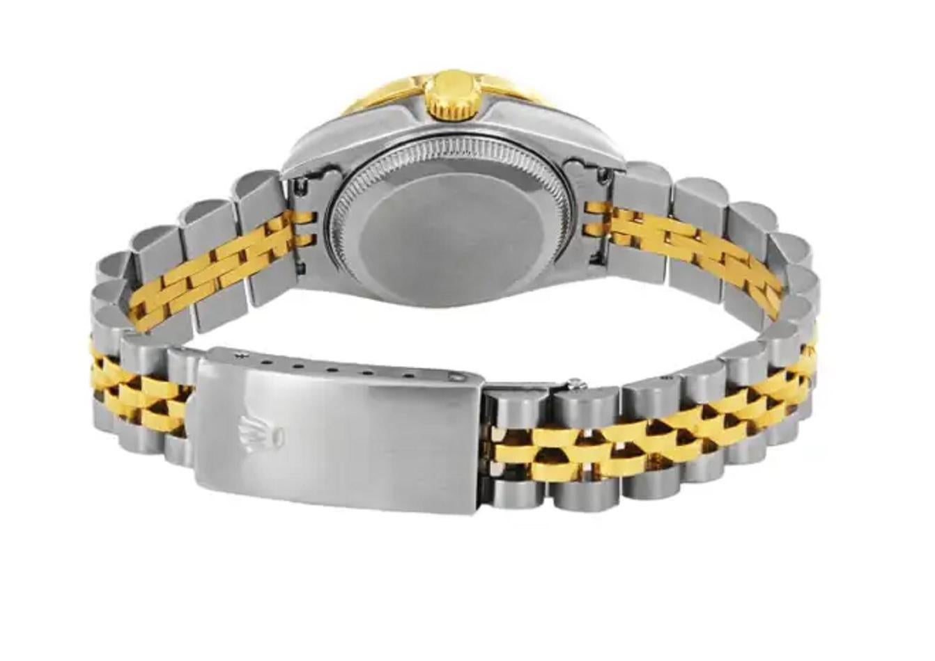 ROLEX LADY DATEJUST TWO TONE WATCH 69173

-Mint Condition
-Case Size: 26mm
-Material: Stainless Steel & 18k Yellow Gold
-Movement: Automatic
-Aftermarket Diamond Dial: Beige
-Bracelet: Jubilee
-Bezel: Aftermarket Diamond Bezel
-Diamonds: 1.25ct, G