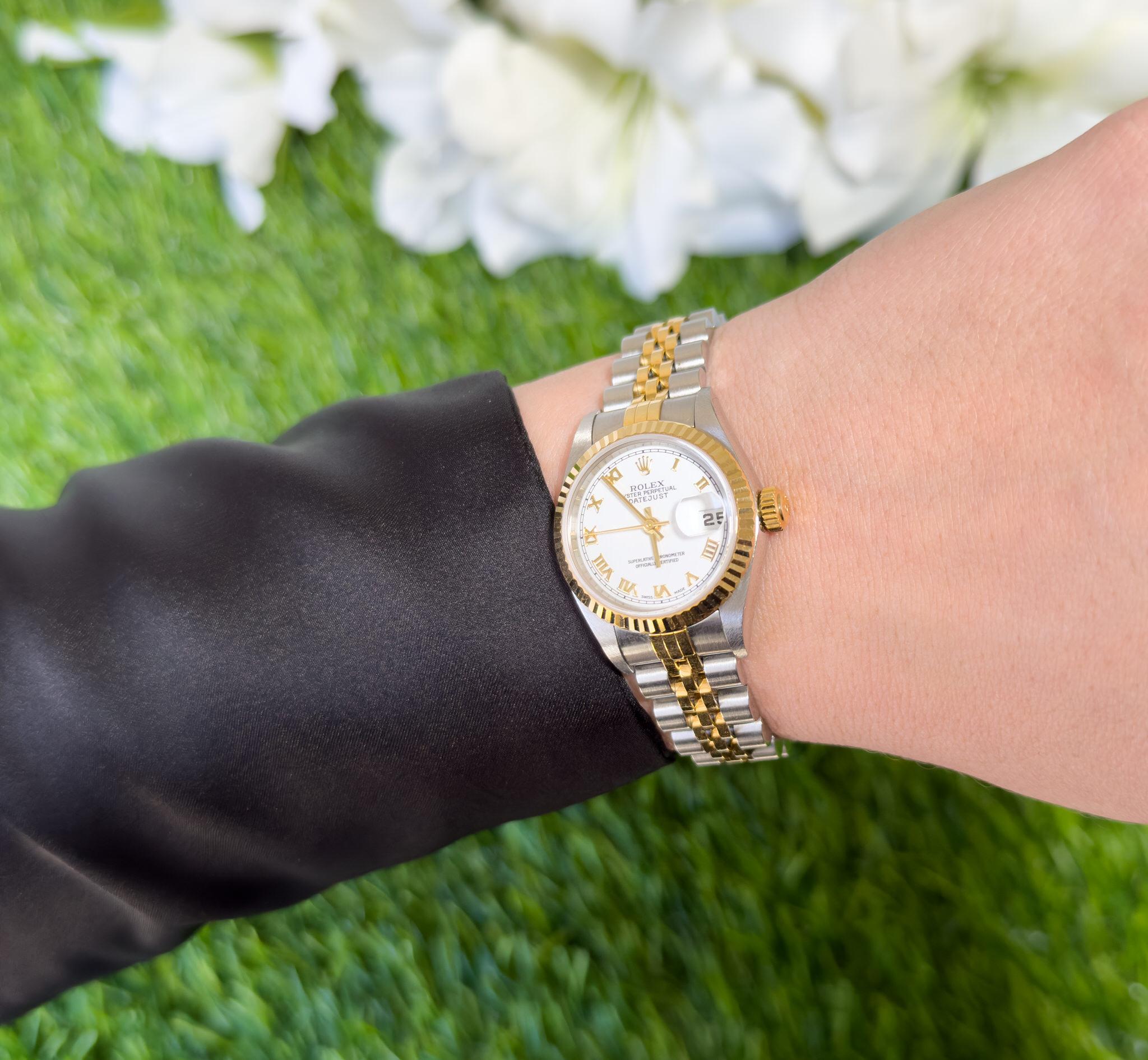 Rolex Lady-Datejust Uhr Automatik-Uhr mit weißem Zifferblatt 26MM 18K Gelbgold Stahl 79173 (Zeitgenössisch) im Angebot
