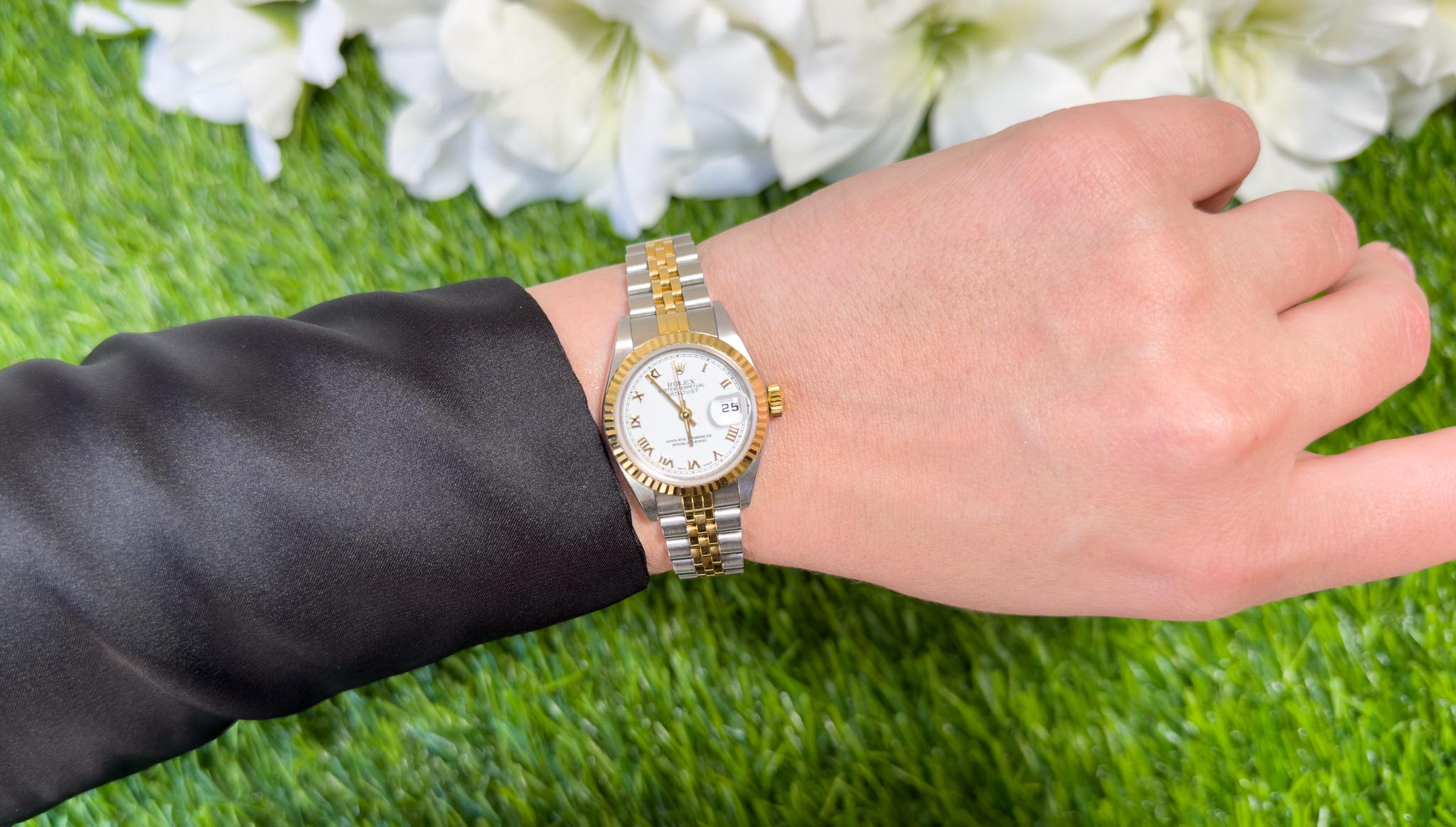 Rolex Lady-Datejust Uhr Automatik-Uhr mit weißem Zifferblatt 26MM 18K Gelbgold Stahl 79173 Damen im Angebot